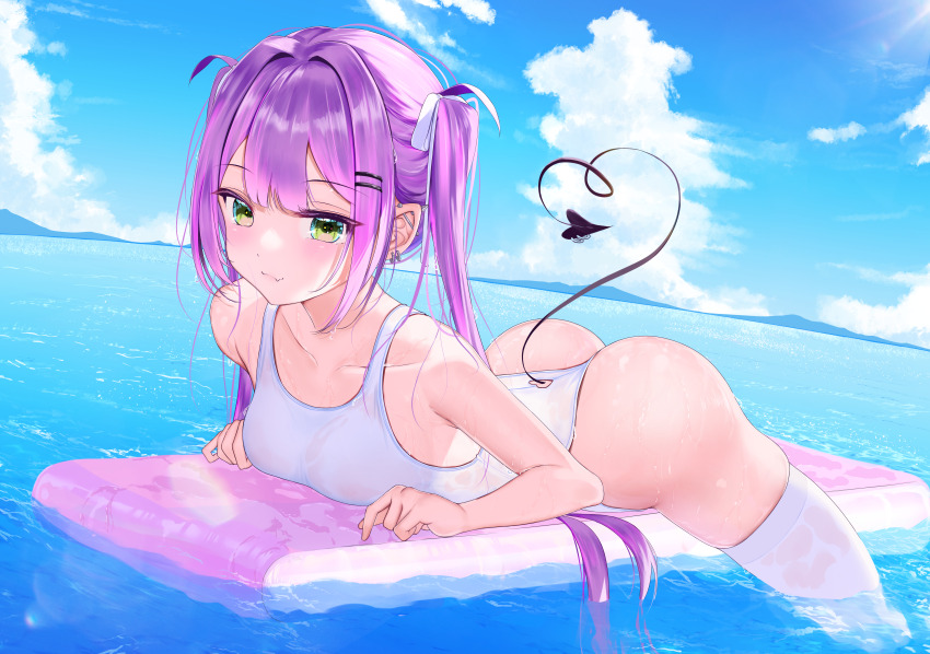 1girl absurdres alternate_costume bare_shoulders black_tail blue_sky breasts collarbone commentary demon_girl demon_tail earrings green_eyes highres hololive jewelry lying medium_breasts multicolored_hair ocean on_stomach one-piece_swimsuit partially_submerged pink_hair purple_hair red_o7 sky solo streaked_hair sunlight swimsuit symbol-only_commentary tail tokoyami_towa virtual_youtuber white_one-piece_swimsuit