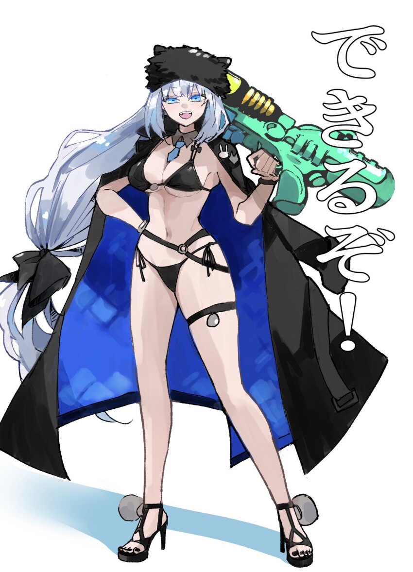 1girl bikini black_bikini black_nails blue_eyes breasts coat coat_on_shoulders dobrynya_nikitich_(fate) dobrynya_nikitich_(swimsuit_lancer)_(fate) dobrynya_nikitich_(swimsuit_lancer)_(first_ascension)_(fate) fate/grand_order fate_(series) fur_hat hat high_heels highres ki_wa001 large_breasts long_hair low-tied_long_hair nail_polish navel side-tie_bikini_bottom super_soaker swimsuit white_hair