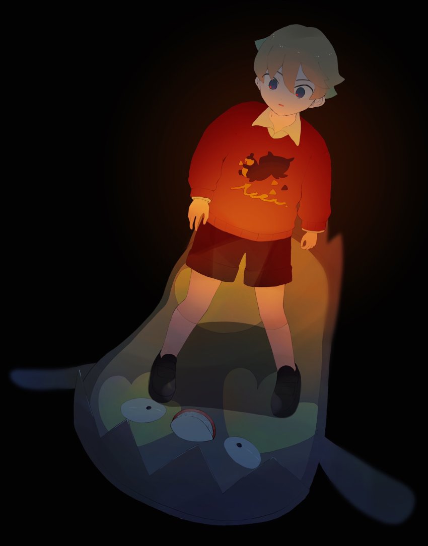 1boy bad_id bad_twitter_id black_background black_footwear blonde_hair collared_shirt commentary_request creatures_(company) galarian_form galarian_stunfisk game_freak gen_8_pokemon highres long_sleeves looking_down male_focus nintendo pokemon pokemon_swsh red_sweater riding riding_pokemon shirt shoes short_hair shorts socks standing sweater umekobushi white_legwear youngster_(pokemon)