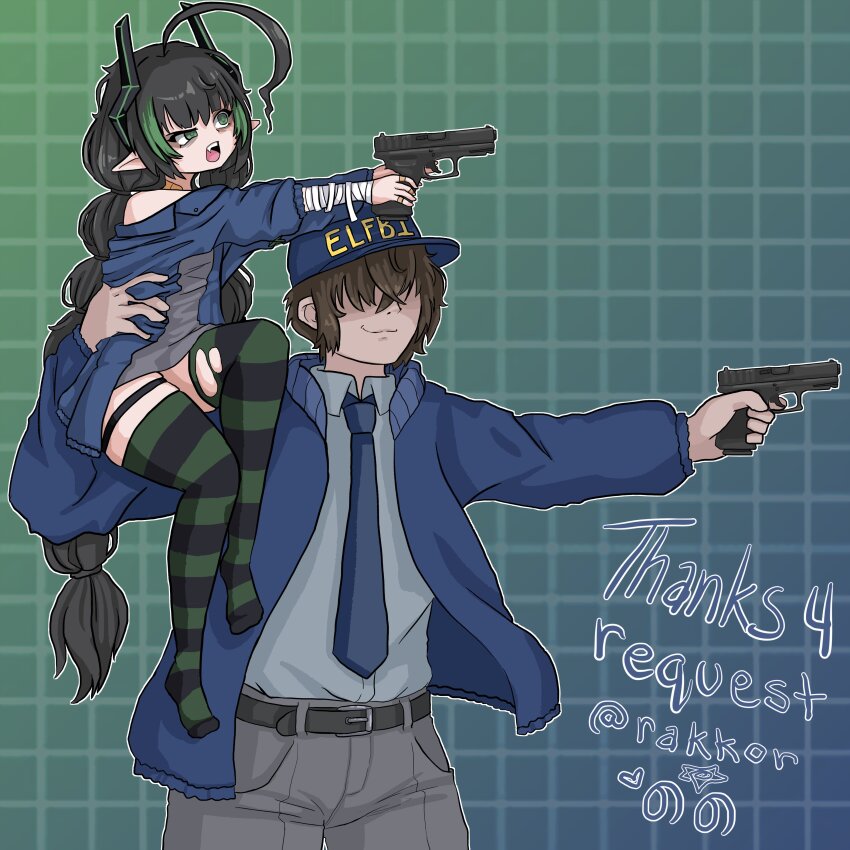 1boy 1girl ahoge aiming artist_name bad_tag bandaged_forearm belt black_hair blue_coat bottomless coat commission commissioner_name elf elfbi elfinpsyop grey_pants grey_shirt grid_background gun holding holding_gun holding_waist_with_one_hand holding_weapon horns indie_virtual_youtuber loli looking_up mechanical_horns nonoxnobody pants pointy_ears rakkdor shirt sitting_on_shoulder size_difference socks striped_clothes striped_socks torn_clothes torn_socks weapon