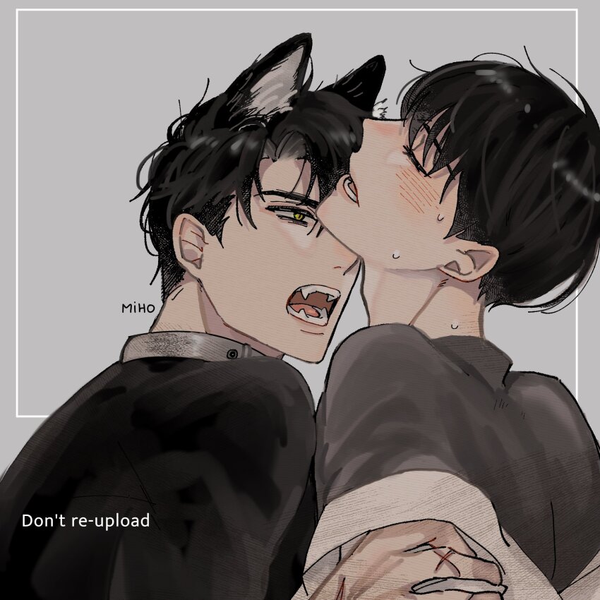 2boys animal_ears artist_name black_hair black_shirt blush border cat_boy cat_ears grey_background highres inset_border kim_dokja looking_at_another male_focus mihokuma multiple_boys omniscient_reader&#039;s_viewpoint open_mouth scar scar_on_hand sharp_teeth shirt short_hair sweat teeth tongue watermark white_border yaoi yellow_eyes yoo_joonghyuk