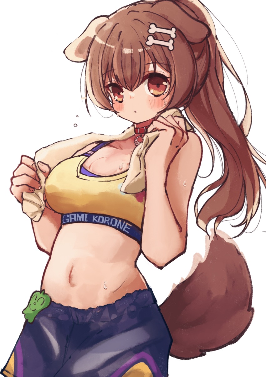 1girl absurdres animal_collar animal_ears bare_arms black_skirt blue_shorts blush breasts brown_eyes brown_hair collar dog_ears dog_girl dog_tail double-parted_bangs hair_ornament hairclip highres hololive inugami_korone large_breasts long_hair looking_at_viewer midriff navel official_alternate_costume official_alternate_hairstyle parted_lips pikipiki_piiman_(inugami_korone) ponytail red_collar shorts skirt solo sports_bra sportswear surprised sweat tail towel towel_around_neck virtual_youtuber whcamellia00 wiping_sweat yellow_sports_bra