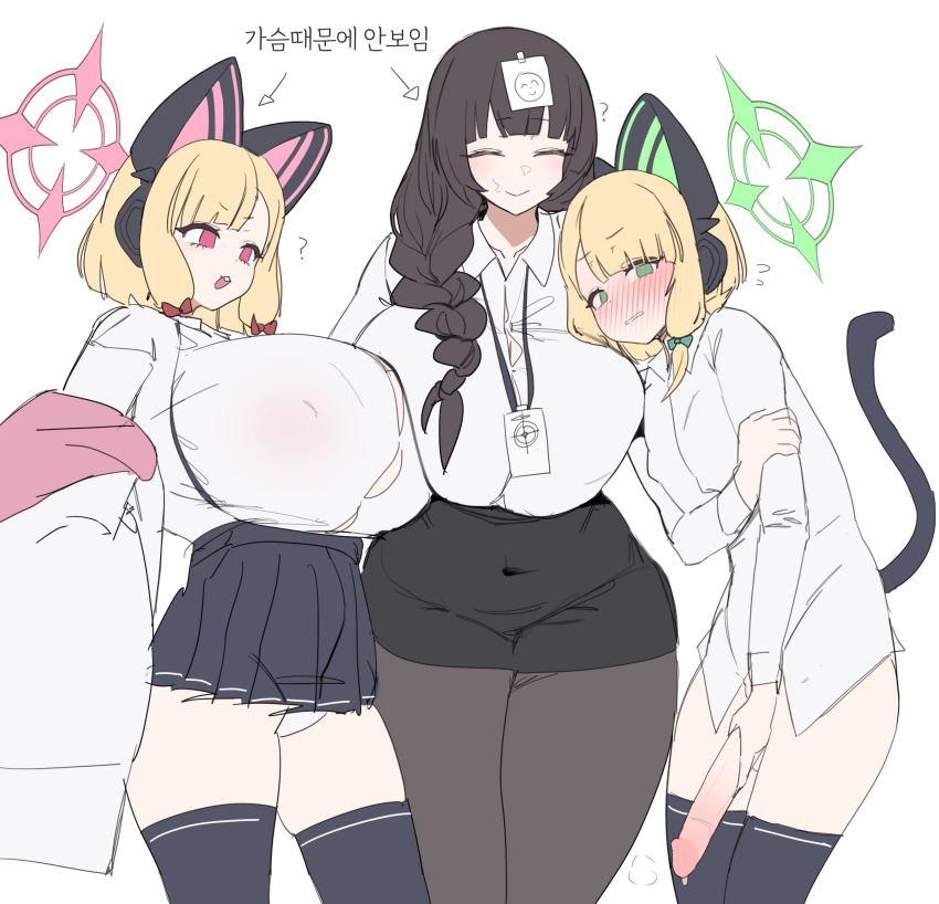 3girls absurdres animal_ear_headphones animal_ears arrow_(symbol) asymmetrical_docking black_hair black_pantyhose black_skirt black_thighhighs blonde_hair blue_archive blush bow breast_press breasts cat_ear_headphones closed_eyes closed_mouth collared_shirt erection fake_animal_ears fake_tail female_sensei_(blue_archive) full-face_blush futa_with_female futanari green_eyes green_halo gya_rb hair_bow halo hand_on_own_penis headphones highres huge_breasts korean_text long_hair long_sleeves midori_(blue_archive) momoi_(blue_archive) multiple_girls open_mouth panties pantyhose penis pink_eyes pink_halo sensei_(blue_archive) shirt shirt_tucked_in siblings simple_background sisters skirt smile tail thighhighs translation_request uncensored underwear white_background white_panties white_shirt