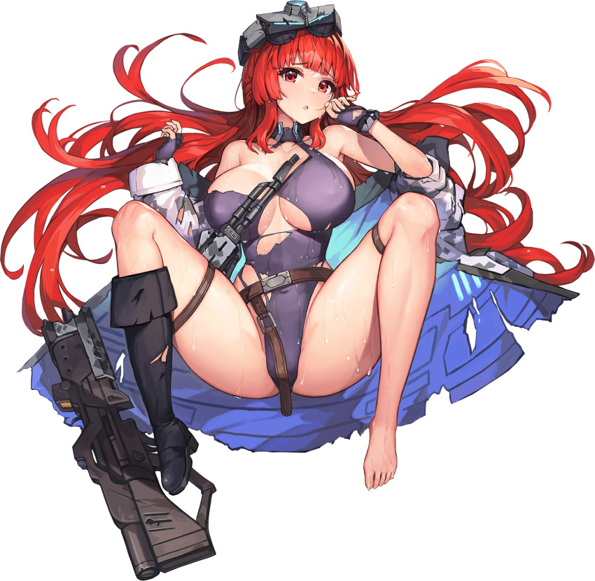 1girl boots breasts broken broken_weapon feet fingerless_gloves full_body gloves goggles goggles_on_head gun heavy_machine_gun highres hime_cut large_breasts last_origin leotard leprechaun_(last_origin) long_hair looking_at_viewer machine_gun mole mole_under_eye official_art open_mouth paintale red_eyes red_hair sidelocks simple_background single_boot solo spread_legs sweat tachi-e torn_clothes torn_leotard transparent_background weapon