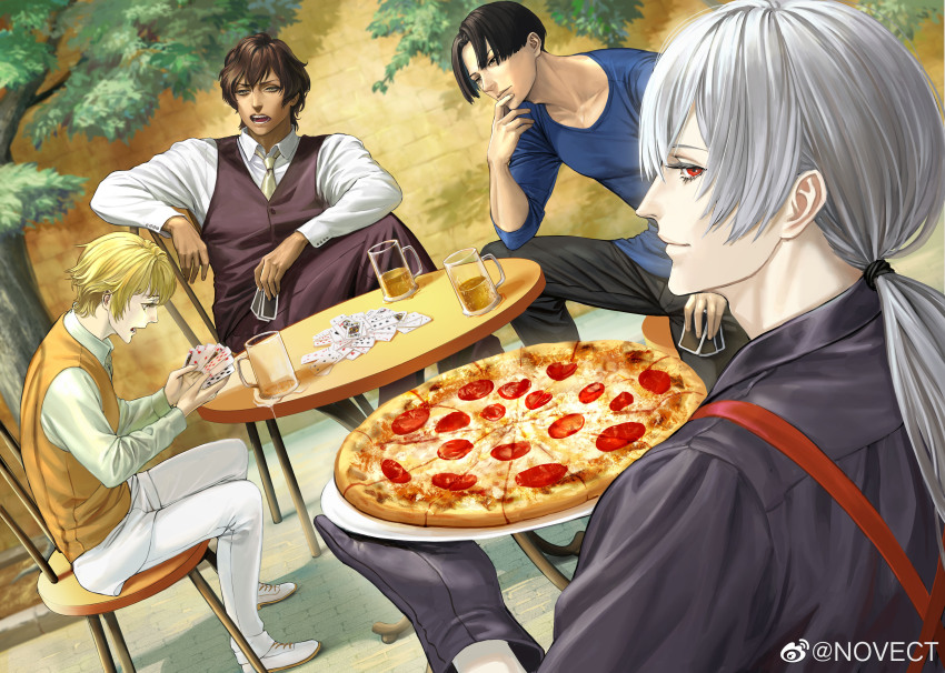 4boys absurdres aida_yukimasa albino alcohol beer black_hair blonde_hair blue_shirt brown_hair card colored_eyelashes fata_morgana_no_yakata food from_behind gloves highres jacopo_bearzatti long_hair long_sleeves looking_at_viewer mell_rhodes michel_bollinger moyatarou multiple_boys necktie official_art outdoors pizza playing_card red_eyes second-party_source shirt short_hair vest watermark weibo_watermark white_hair white_shirt