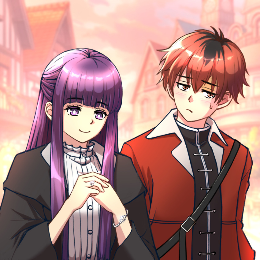 1boy 1girl absurdres black_hair blunt_bangs blurry bracelet brown_eyes closed_mouth dress fern_(sousou_no_frieren) hetero highres jacket jewelry long_hair multicolored_hair nagumoaki purple_eyes purple_hair red_hair ring shirt smile sousou_no_frieren stark_(sousou_no_frieren) sweatdrop two-tone_hair wide_sleeves