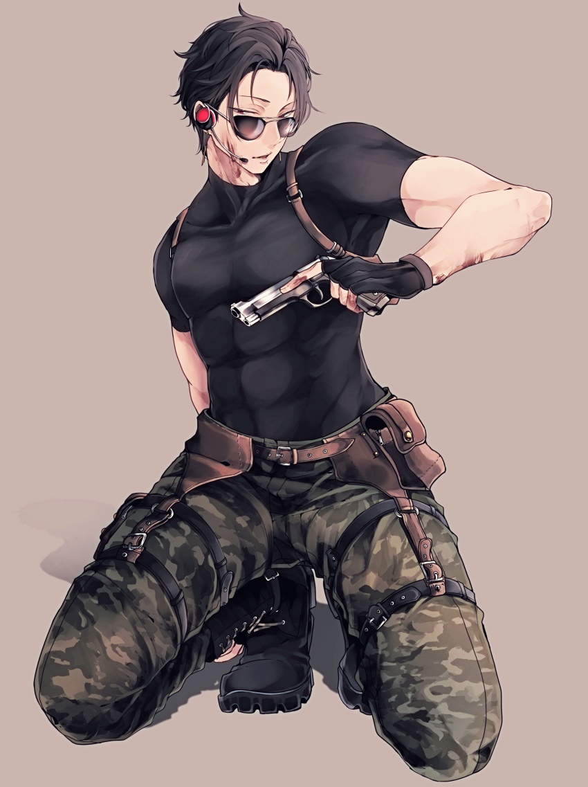 1boy abs absurdres belt black_hair black_shirt boots covered_abs fingerless_gloves full_body glasses gloves gun highres large_pectorals looking_at_viewer male_focus military military_uniform muscular muscular_male original pectorals red_eyes shadow shirt short_hair short_sleeves simple_background solo squatting tight_clothes tight_shirt weapon zabeo0125