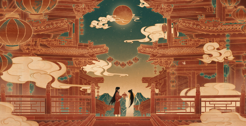 2boys architecture black_hair building chinese_clothes cloud east_asian_architecture full_moon gradient_sky green_sky hair_bun hair_ribbon hanfu hanging_lantern hat hat_on_back highres holding holding_lantern hua_cheng huaepiphany lantern limited_palette long_hair long_sleeves male_focus moon mountainous_horizon multiple_boys night night_sky outdoors paper_lantern railing red_hanfu red_moon red_theme ribbon rice_hat scenery scimitar single_hair_bun sky stairs standing star_(sky) starry_sky sword symmetry tianguan_cifu very_long_hair weapon white_hanfu white_ribbon wide_shot wide_sleeves wuxia xie_lian