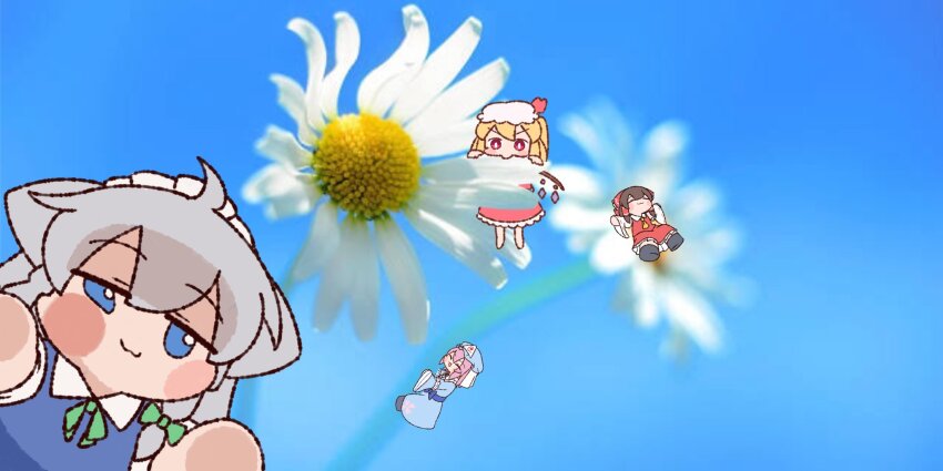 4girls :3 :d ahoge animal_ears ascot barefoot black_footwear blonde_hair blue_bow blue_dress blue_eyes blue_hat blue_kimono blurry blush_stickers bow braid brown_hair climbing closed_eyes collared_shirt commentary_request crystal_wings detached_sleeves dog_ears dress flandre_scarlet flower frilled_bow frilled_skirt frills green_bow green_ribbon grey_hair hair_bow hair_tubes hakurei_reimu hat hat_ribbon highres inu_sakuya_(nejikirio) izayoi_sakuya japanese_clothes kimono long_sleeves lying maid_headdress microsoft_windows mob_cap multicolored_wings multiple_girls neck_ribbon nibbling on_back open_mouth outstretched_arms pink_hair red_bow red_eyes red_ribbon red_shirt red_skirt ribbon ribbon-trimmed_sleeves ribbon_trim saigyouji_yuyuko shirt short_hair short_sleeves skirt sleeveless sleeveless_shirt smile spread_arms touhou triangular_headpiece twin_braids v-shaped_eyebrows waist_bow white_flower white_hat white_shirt white_sleeves wide_sleeves windows_8 wings y75zei yellow_ascot