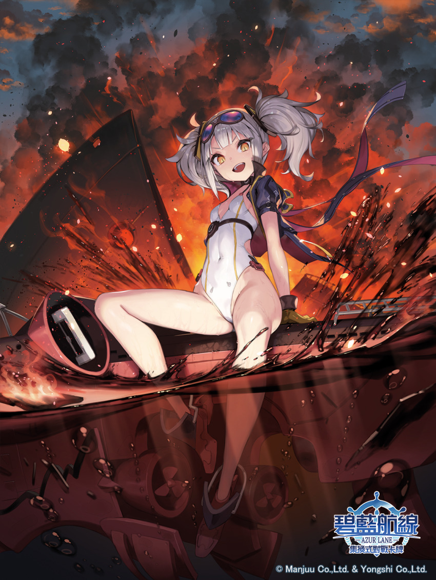 1girl ainezu azur_lane blue_jacket blush breasts cleavage_cutout clothing_cutout frilled_nightgown goggles goggles_on_head grey_hair hair_ornament highleg highleg_one-piece_swimsuit highres jacket looking_at_viewer nightgown official_art one-piece_swimsuit open_mouth outdoors partially_submerged power_rack sitting small_breasts smile solo swimsuit two-tone_swimsuit u-96_(azur_lane) yellow_eyes