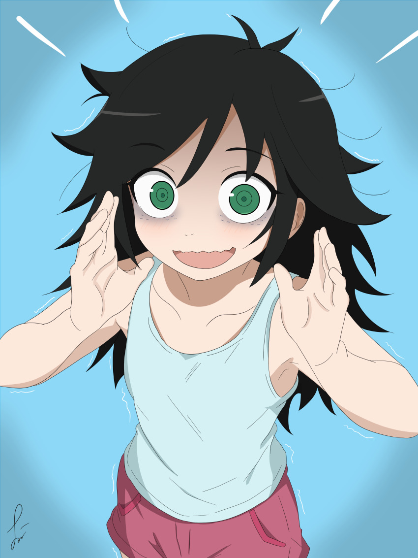 1girl ahoge aqua_shirt armpits bags_under_eyes bare_shoulders black_hair casual collarbone crazy_eyes emphasis_lines female_focus flat_chest gradient_background green_eyes hair_between_eyes hands_up happy highres isashamoko kuroki_tomoko long_hair looking_at_viewer messy_hair neck open_mouth petite red_shorts shirt short_shorts shorts sidelocks sleeveless sleeveless_shirt standing swept_bangs trembling watashi_ga_motenai_no_wa_dou_kangaetemo_omaera_ga_warui! wavy_mouth