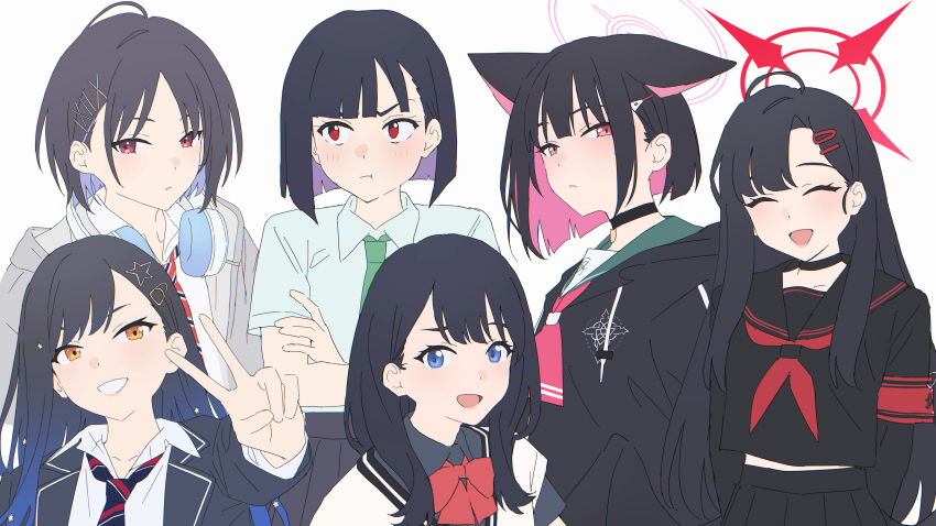 6+girls :d :t ^_^ absurdres ahoge animal_ears black_hoodie black_serafuku black_skirt blazer blue_archive blue_eyes blue_hair blush bow bowtie closed_eyes collared_shirt color_connection colored_inner_hair commentary crossed_arms crossover do_it_yourself!! drawstring gakuen_idolmaster gradient_hair green_necktie green_sailor_collar gridman_universe grin hair_color_connection hair_ornament hairclip halo headphones headphones_around_neck highres hood hooded_jacket hoodie ichika_(blue_archive) idolmaster jacket kazusa_(blue_archive) light_frown long_hair long_sleeves loose_necktie mashiro_yu mikazuchi_zeus multicolored_hair multiple_crossover multiple_girls neckerchief necktie open_clothes open_jacket open_mouth pink_hair pleated_skirt project_sekai purple_hair red_bow red_bowtie red_eyes red_neckerchief red_necktie sailor_collar school_uniform serafuku shiraishi_an shirt short_hair short_sleeves skirt smile ssss.gridman star_(symbol) star_hair_ornament striped_necktie suride_miku sweater_vest symbol-only_commentary takarada_rikka two-tone_hair v white_shirt yellow_eyes