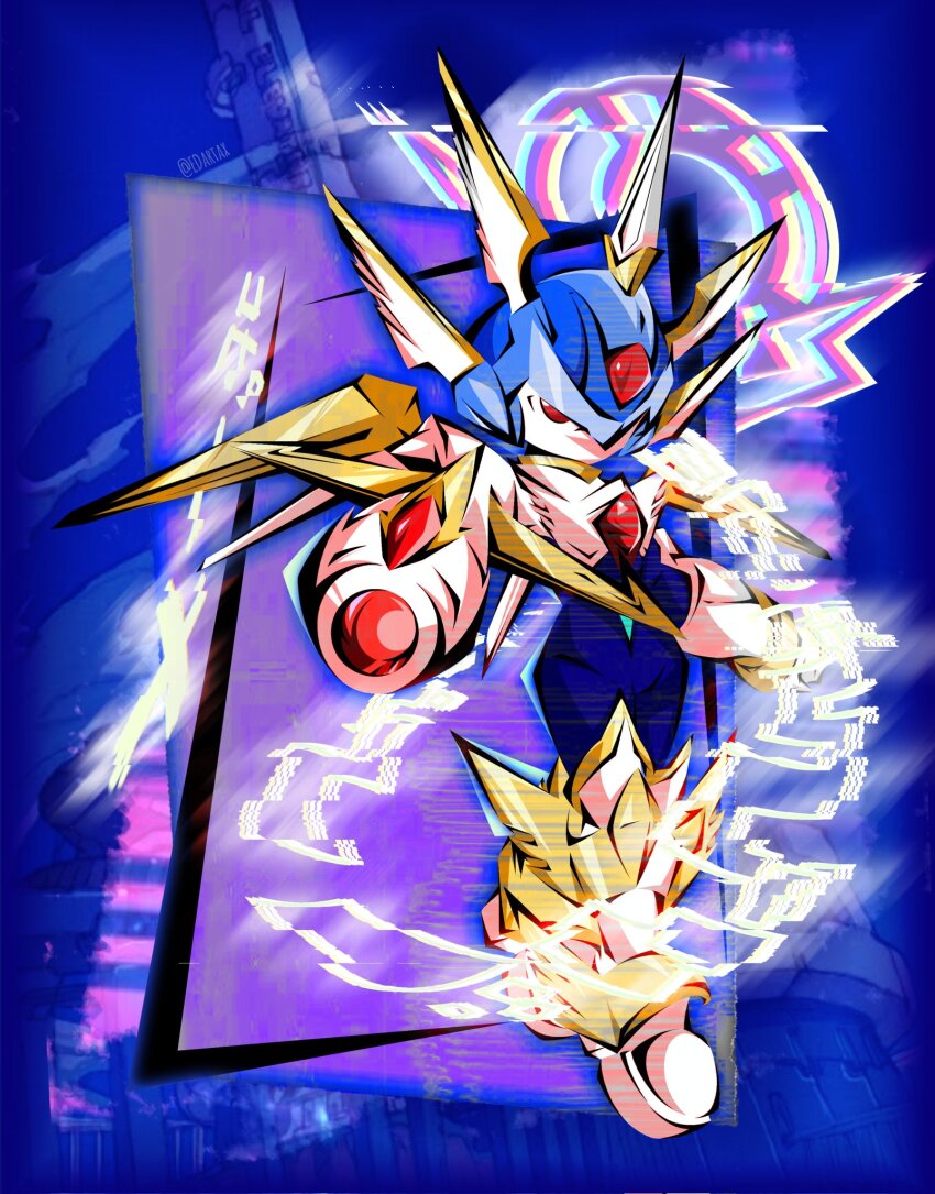 1boy arm_cannon armor blue_background blue_helmet chest_jewel copy_x_(mega_man) edartax forehead_jewel full_body helmet highres male_focus mechanical_wings mega_man_(series) mega_man_zero_(series) solo weapon white_armor wings