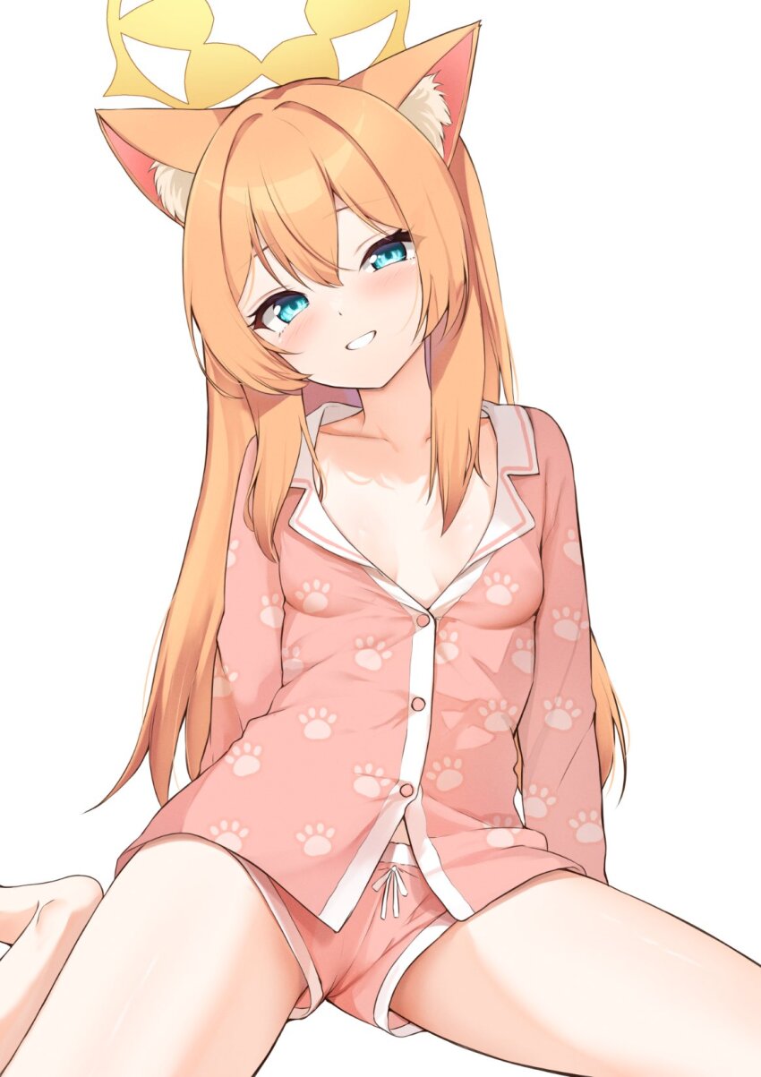 1girl animal_ear_fluff animal_ears bare_legs barefoot blue_archive blue_eyes blush breasts cat_ears collarbone grin hair_between_eyes halo highres long_hair long_sleeves looking_at_viewer mari_(blue_archive) orange_hair pajamas paw_print paw_print_pattern pink_pajamas pink_shirt pink_shorts shirt short_shorts shorts simple_background sleepwear small_breasts smile solo spread_legs teeth yellow_halo zarashi