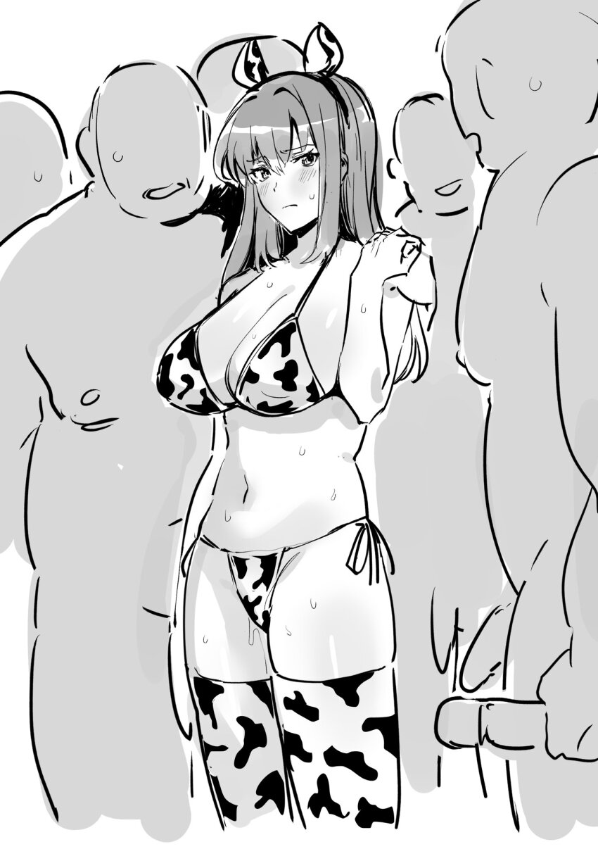 1girl 5boys animal_ears animal_print bikini blush breasts cleavage closed_mouth commentary_request cow_ears cow_print cow_print_bikini cow_print_thighhighs faceless faceless_male fake_animal_ears fat fat_man greyscale groin hetero highres huge_breasts juujou_kagari large_breasts long_hair looking_at_viewer monochrome multiple_boys navel print_bikini print_thighhighs simple_background sketch solo_focus standing stomach sweat swimsuit thighhighs toji_no_miko white_background yamamoto_kichiko