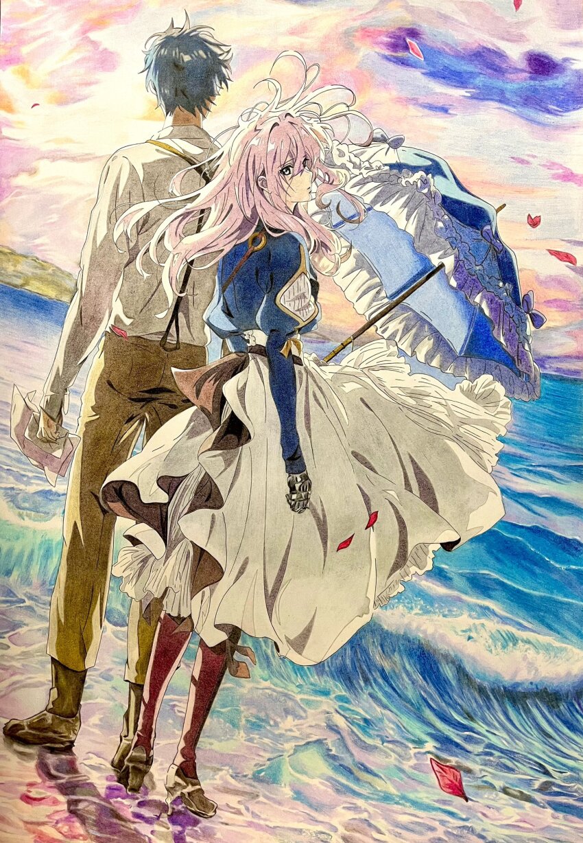 1boy 1girl character_request colored_pencil_(medium) dawn day derivative_work highres holding holding_umbrella morning ocean parasol shadow shore shu_graphic sunlight traditional_media umbrella violet_evergarden violet_evergarden_(series) water waves