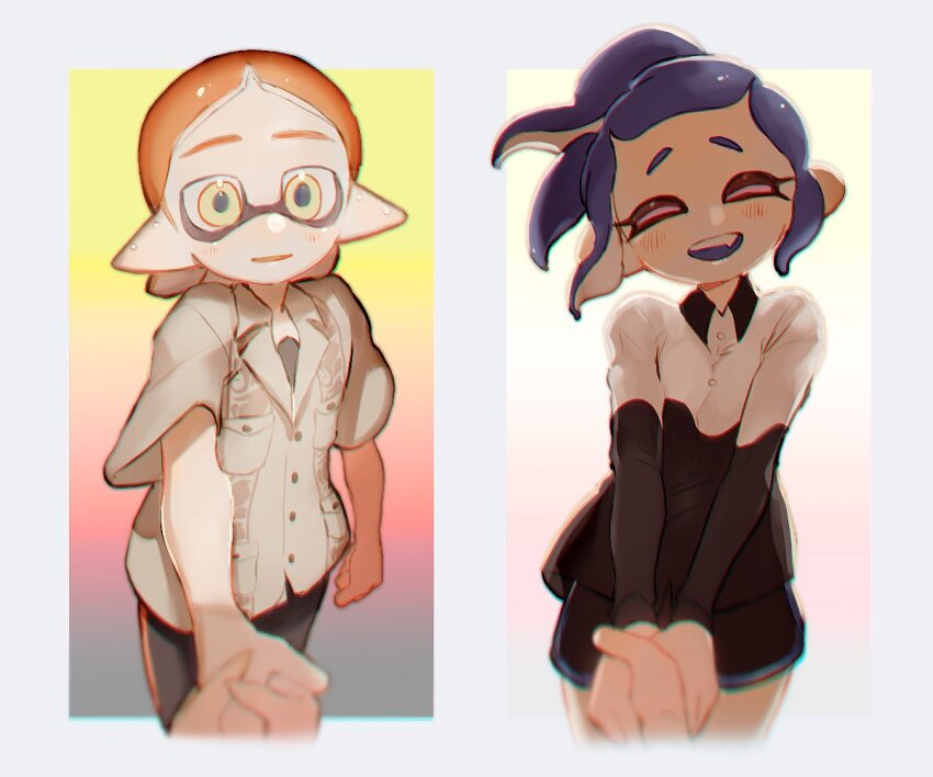 1boy 1girl blue_eyes blush closed_eyes collared_shirt dolphin_shorts doro_mizu_831 holding_hands inkling inkling_boy inkling_player_character looking_at_viewer nintendo octoling octoling_girl octoling_player_character open_mouth orange_hair ponytail shirt shorts splatoon_(series) tentacle_hair tentacles waka-chan_(doro_mizu_831) yellow_eyes