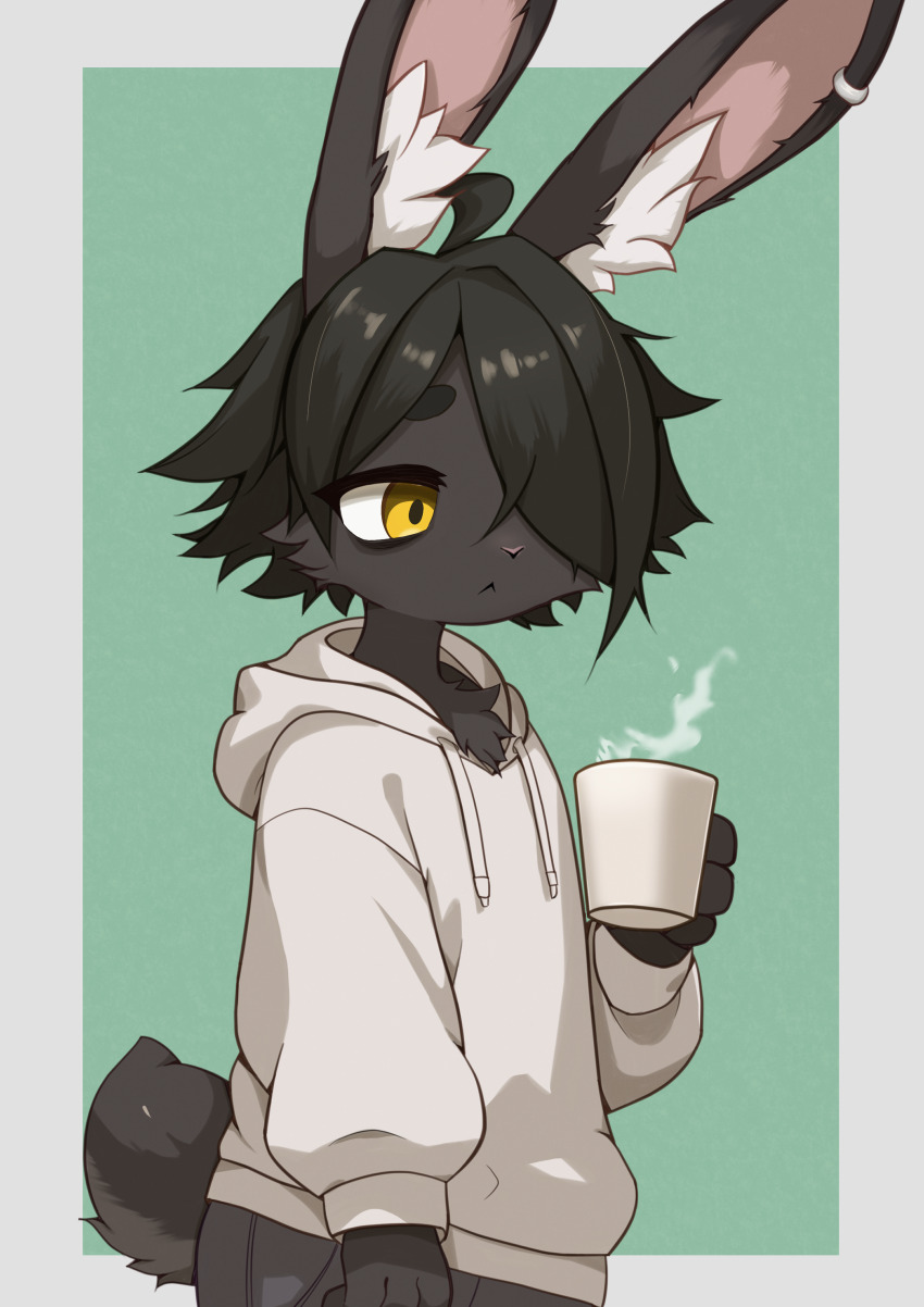 1other 2024 absurdres ahoge animal_ear_fluff animal_ears animal_nose bags_under_eyes black_fur black_hair chest_tuft cup earrings frown furry hair_over_one_eye highres holding holding_cup hood hoodie jewelry kenbu_(user_shmg5447) original rabbit_ears rabbit_nose rabbit_tail short_hair simple_background sleepy steam tail white_hoodie yellow_eyes