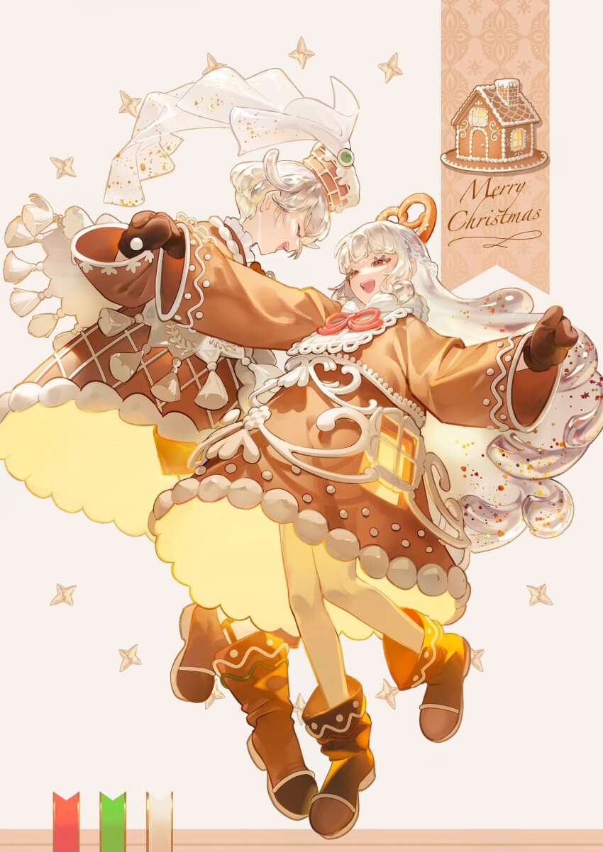 1boy 1girl 2024 aruk boots brown_eyes christmas cream food gingerbread_house gloves highres long_sleeves mittens open_mouth orange_eyes original personification pretzel smile syrup tagme