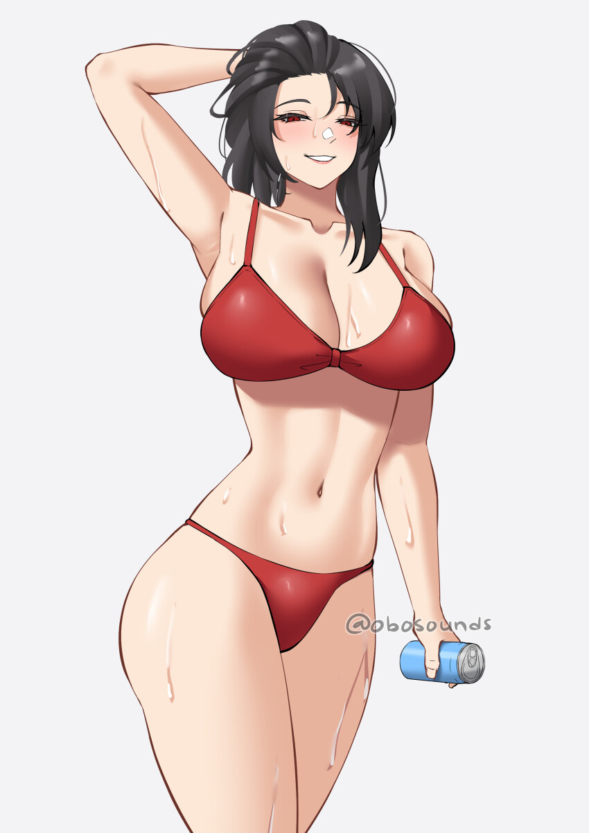 1girl absurdres arm_up armpits bare_arms bare_shoulders bikini black_hair can cowboy_shot grey_background grin highres holding holding_can long_hair looking_at_viewer navel obosounds original red_bikini red_eyes simple_background smile solo standing stomach swimsuit thighs