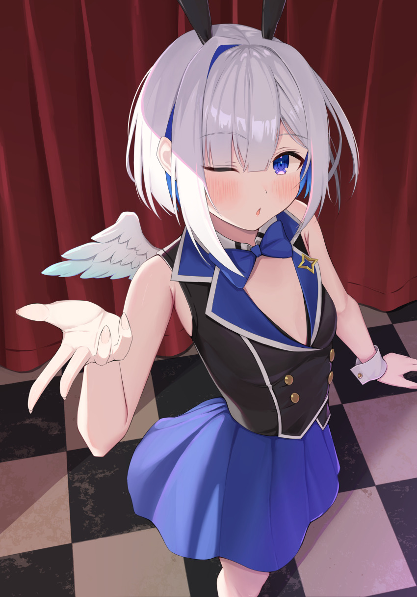 1girl absurdres amane_kanata angel_wings animal_ears armpit_crease blue_bow blue_bowtie blue_hair bow bowtie bunny_garden colored_inner_hair cosplay from_above gonza3_v grey_hair highres hololive miuka_(bunny_garden) miuka_(bunny_garden)_(cosplay) multicolored_hair one_eye_closed purple_eyes rabbit_ears short_hair skirt solo virtual_youtuber wings wrist_cuffs