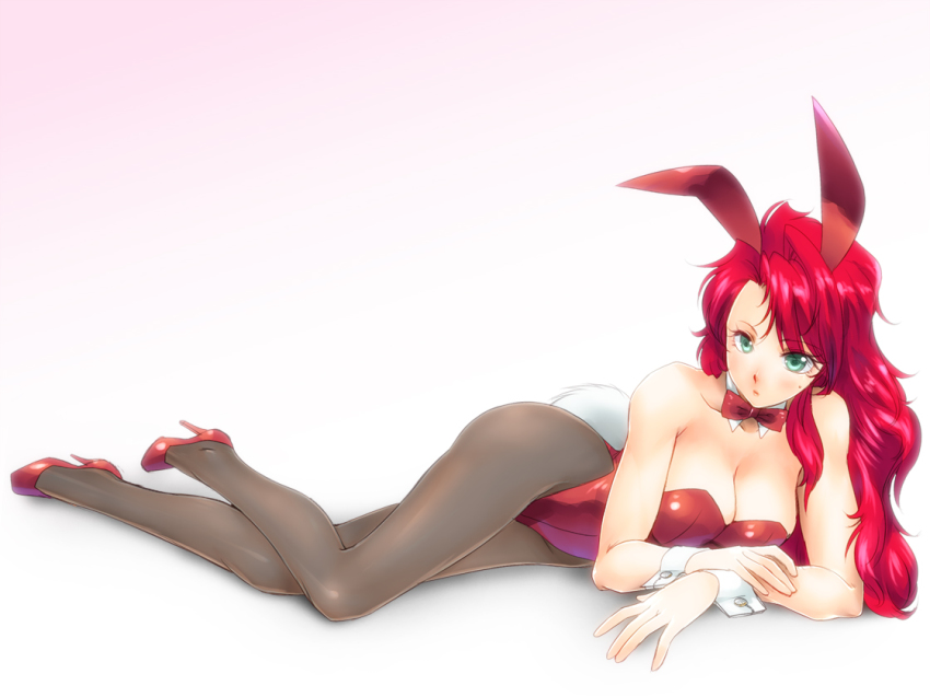 1girl animal_ears breasts cleavage detached_collar fake_animal_ears female_focus leotard lying on_side original pantyhose playboy_bunny rabbit_ears rabbit_tail red_hair solo tail wrist_cuffs yagisaka_seto