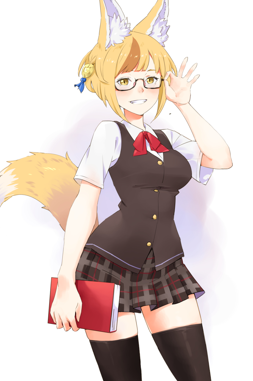 1girl absurdres adjusting_eyewear alternate_costume animal_ear_fluff animal_ears bespectacled blonde_hair book bow breasts brown_hair commission commissioner_upload fire_emblem fire_emblem_fates fox_ears fox_girl fox_tail glasses hair_ornament highres holding igni_tion multicolored_hair nintendo red_bow school_uniform selkie_(fire_emblem) short_sleeves simple_background skirt smile solo streaked_hair tail thighhighs yellow_eyes