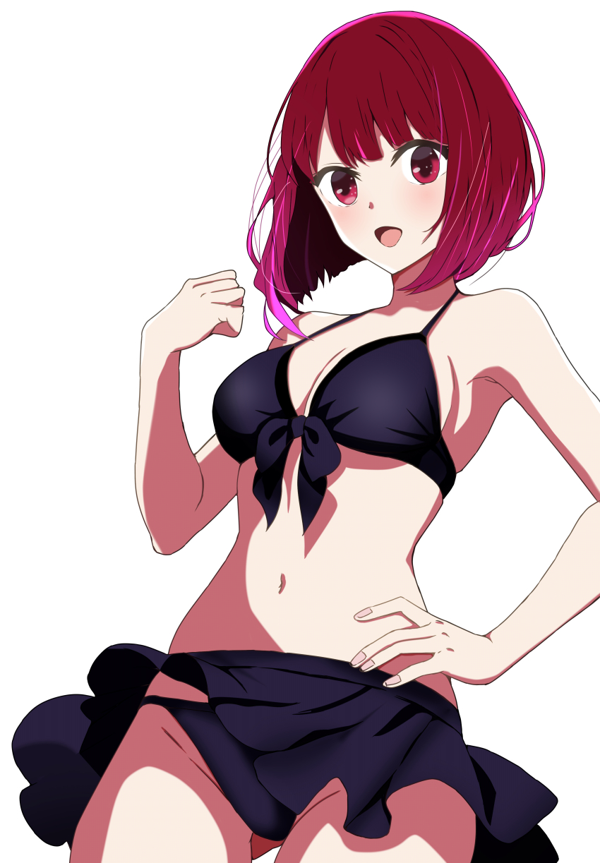 1girl :d absurdres arima_kana bare_arms bare_shoulders bikini bikini_bottom_lift bikini_skirt black_bikini blush breasts cleavage cowboy_shot groin hand_on_own_hip highres large_breasts multicolored_hair navel open_mouth oshi_no_ko red_eyes red_hair short_hair smile solo stomach swimsuit tetsuado