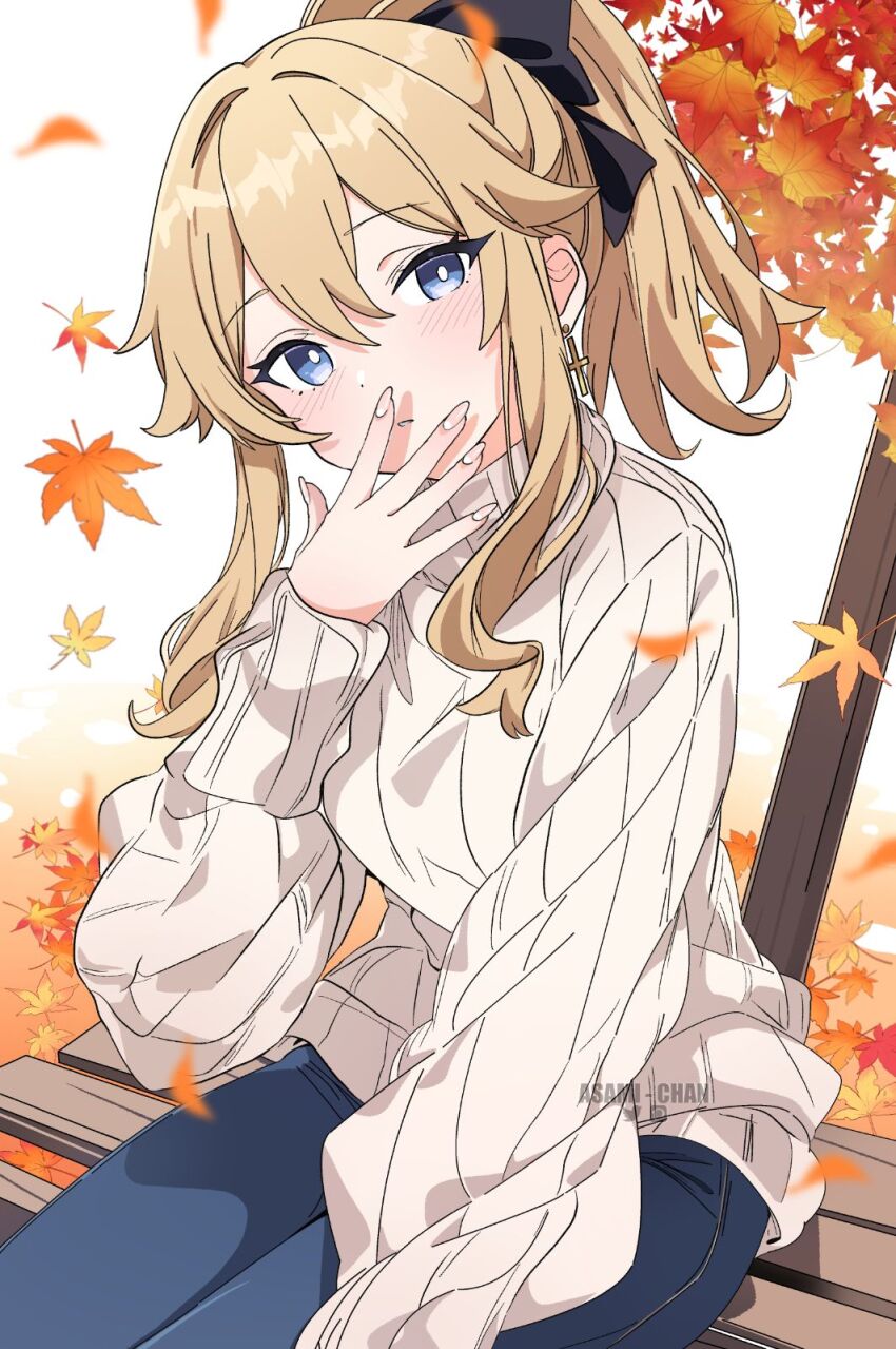 1girl asami-chan autumn autumn_leaves black_ribbon blonde_hair blue_eyes blue_pants blush bright_pupils denim earrings genshin_impact high_ponytail highres jean_(genshin_impact) jeans jewelry leaf long_hair long_sleeves looking_at_viewer maple_leaf pants ribbed_sweater ribbon simple_background sitting solo sweater white_background white_pupils