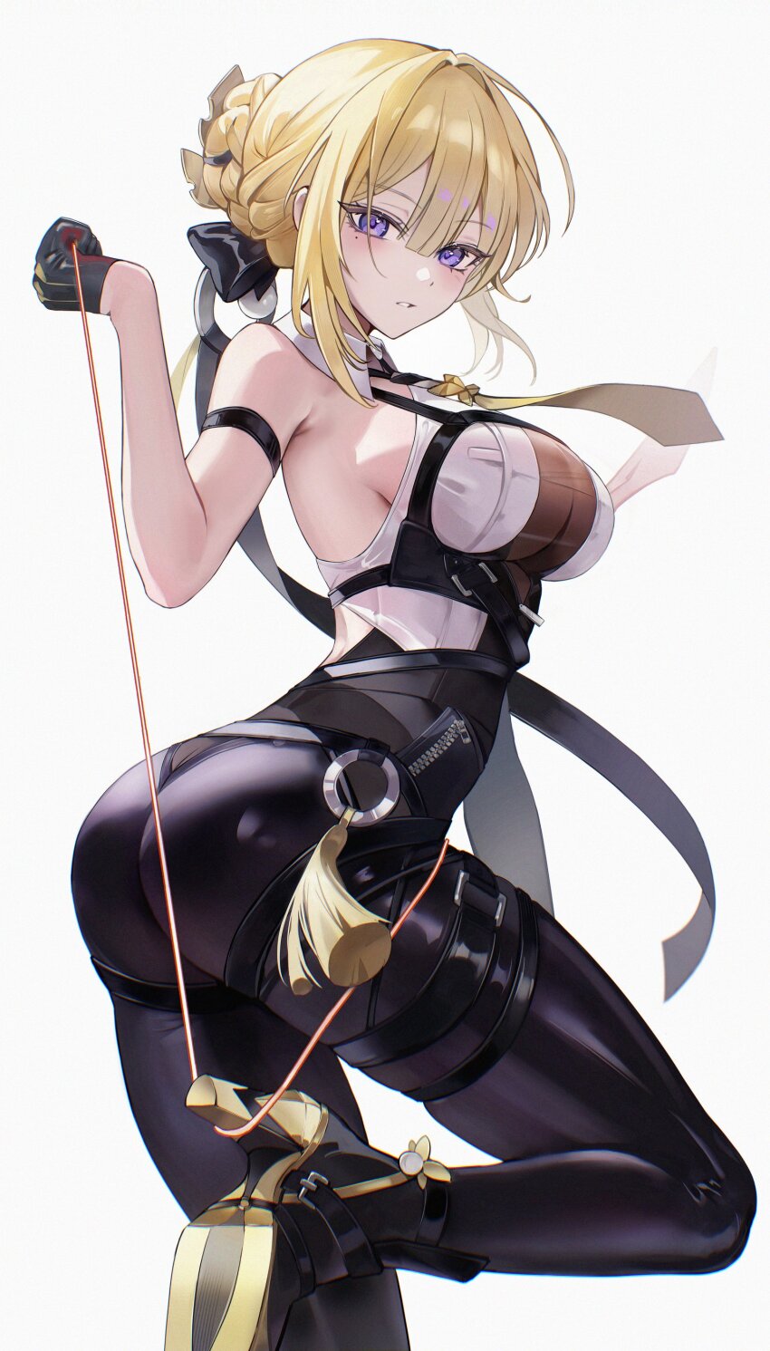 1girl absurdres arm_strap armpit_crease ass bare_shoulders black_gloves black_pants blonde_hair blush breasts commentary evelyn_chevalier from_behind gloves high-waist_pants high_heels highres large_breasts leg_up looking_at_viewer mole mole_under_eye necktie no_jacket pants parted_lips purple_eyes ring_hair_ornament shirt short_hair sidelocks solo tight_clothes tight_pants white_shirt yellow_necktie zenless_zone_zero zije