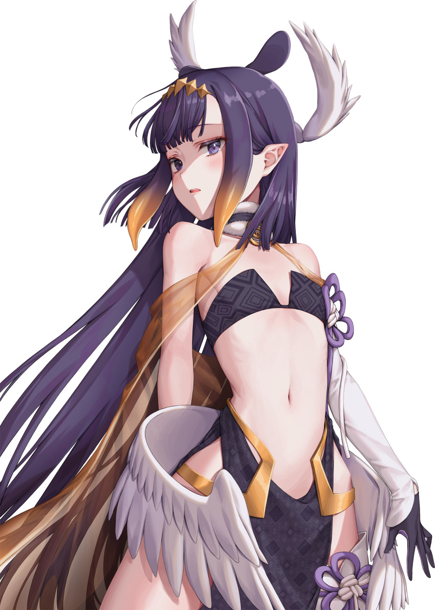 1girl absurdres bare_shoulders black_gloves book commentary detached_sleeves flat_chest floating floating_book floating_object gloves hachihachy highres hololive hololive_english long_hair looking_at_viewer low_wings navel ninomae_ina&#039;nis parted_lips pointy_ears purple_eyes purple_hair side_slit simple_background single_detached_sleeve solo stomach virtual_youtuber white_background white_wings wings