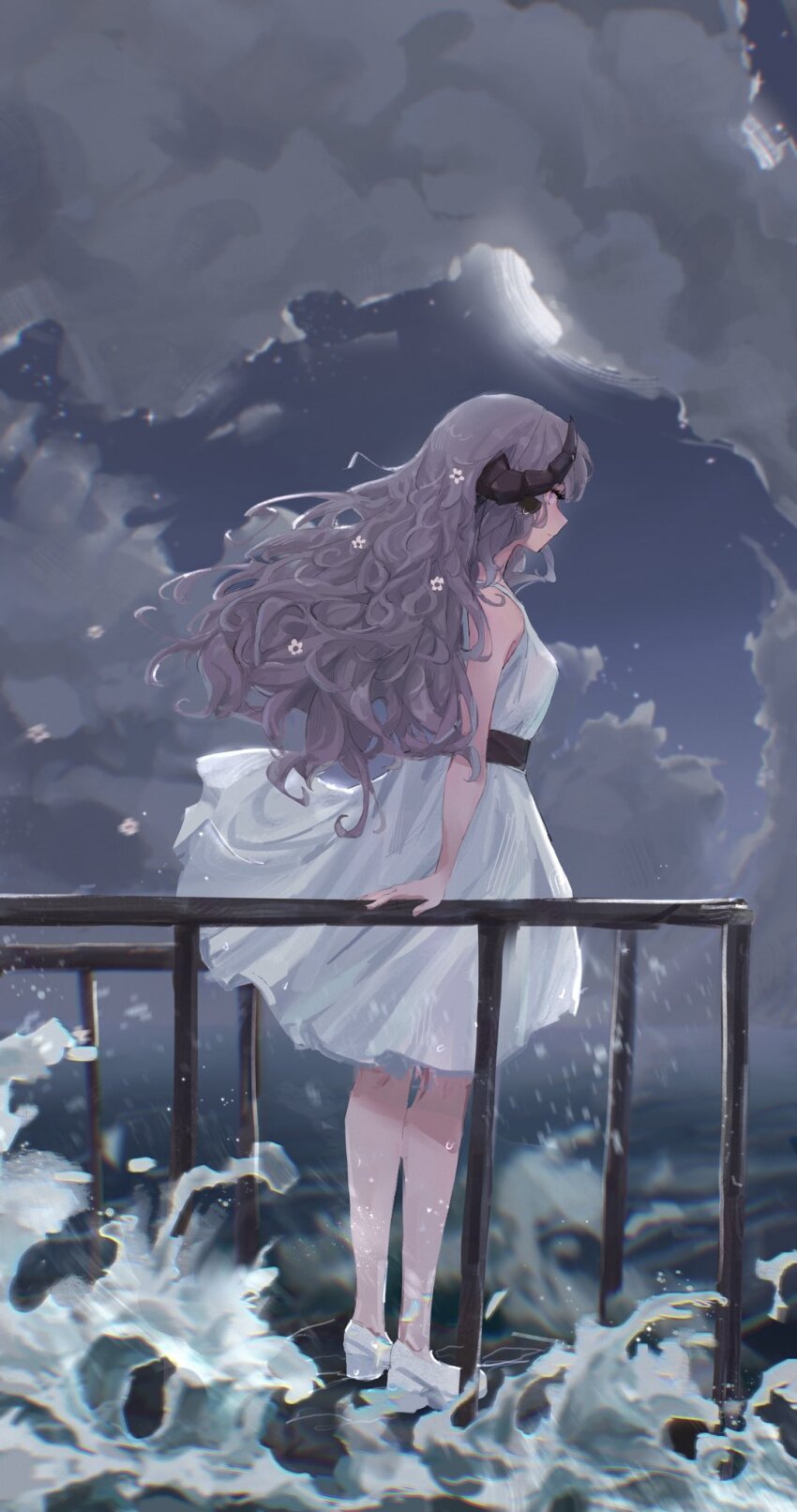 1girl animal_ears bigleonard4 chikafuji_lisa closed_mouth cloud dress flower from_side grey_hair hair_flower hair_ornament hand_on_railing highres horns idol_corp long_hair moon ocean purple_eyes sheep_ears sheep_girl sheep_horns sleeveless solo virtual_youtuber white_dress white_footwear