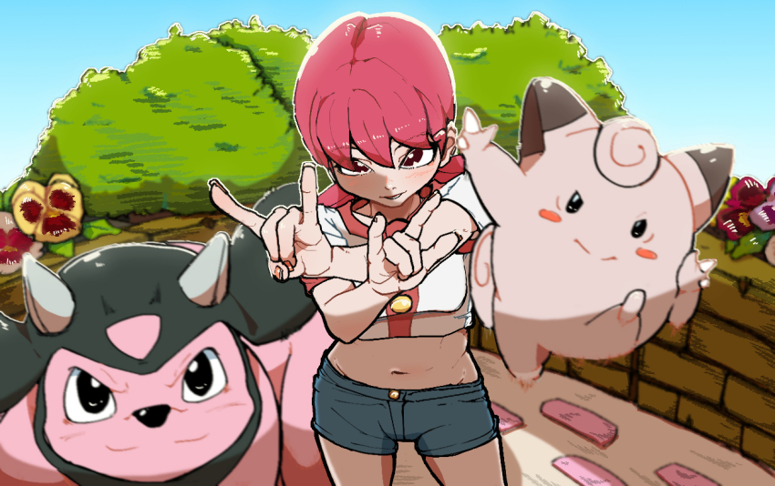 1girl 2049_(hh5566) absurdres ahoge blush breasts clefairy clenched_hands clothes_lift creatures_(company) day denim denim_shorts determined female_focus fingernails flower focused game_freak gen_1_pokemon gen_2_pokemon gym_leader hair_between_eyes hands_up highres long_hair looking_at_viewer low_twintails matching_hair/eyes medium_breasts midriff miltank nail_polish navel neck nintendo outdoors outstretched_arms park parted_lips pink_eyes pink_hair pink_nails pokemon pokemon_(creature) pokemon_hgss shirt shirt_lift short_sleeves shorts standing stomach t-shirt thighs twintails whitney_(pokemon)