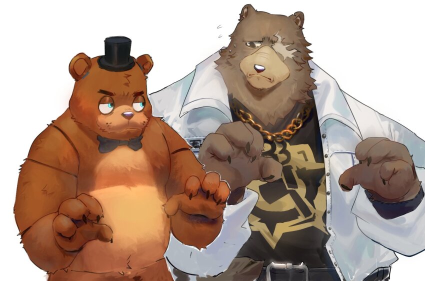 2boys animal_ears bear_boy bear_ears belt ben_bigger black_belt black_bow black_bowtie black_eyes black_hat black_tank_top blue_eyes bow bowtie brown_fur chain chain_necklace claw_pose claws commentary english_commentary five_nights_at_freddy&#039;s flying_sweatdrops freddy_fazbear furrowed_brow hat highres jacket jewelry looking_at_another makfuno multiple_boys necklace non-humanoid_robot notched_ear robot scar scar_across_eye scared tank_top teaching top_hat white_jacket zenless_zone_zero