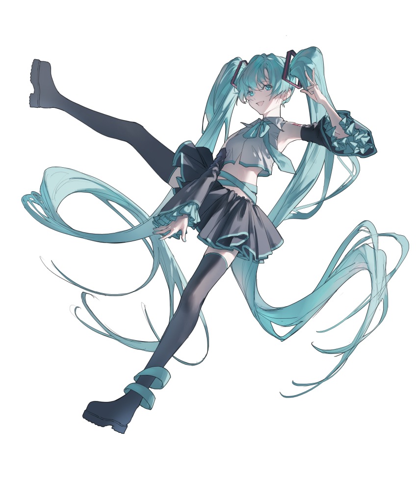 1girl absurdres alicescorpio_yeji aqua_eyes aqua_hair aqua_ribbon aqua_trim black_footwear black_sleeves boots chinese_commentary collared_shirt commentary_request crop_top detached_sleeves frilled_sleeves frills full_body grey_shirt hatsune_miku highres leg_up long_hair miniskirt neck_ribbon open_mouth pleated_skirt ribbon shirt simple_background skirt sleeveless sleeveless_shirt smile solo thigh_boots thighhighs twintails very_long_hair vocaloid white_background zettai_ryouiki