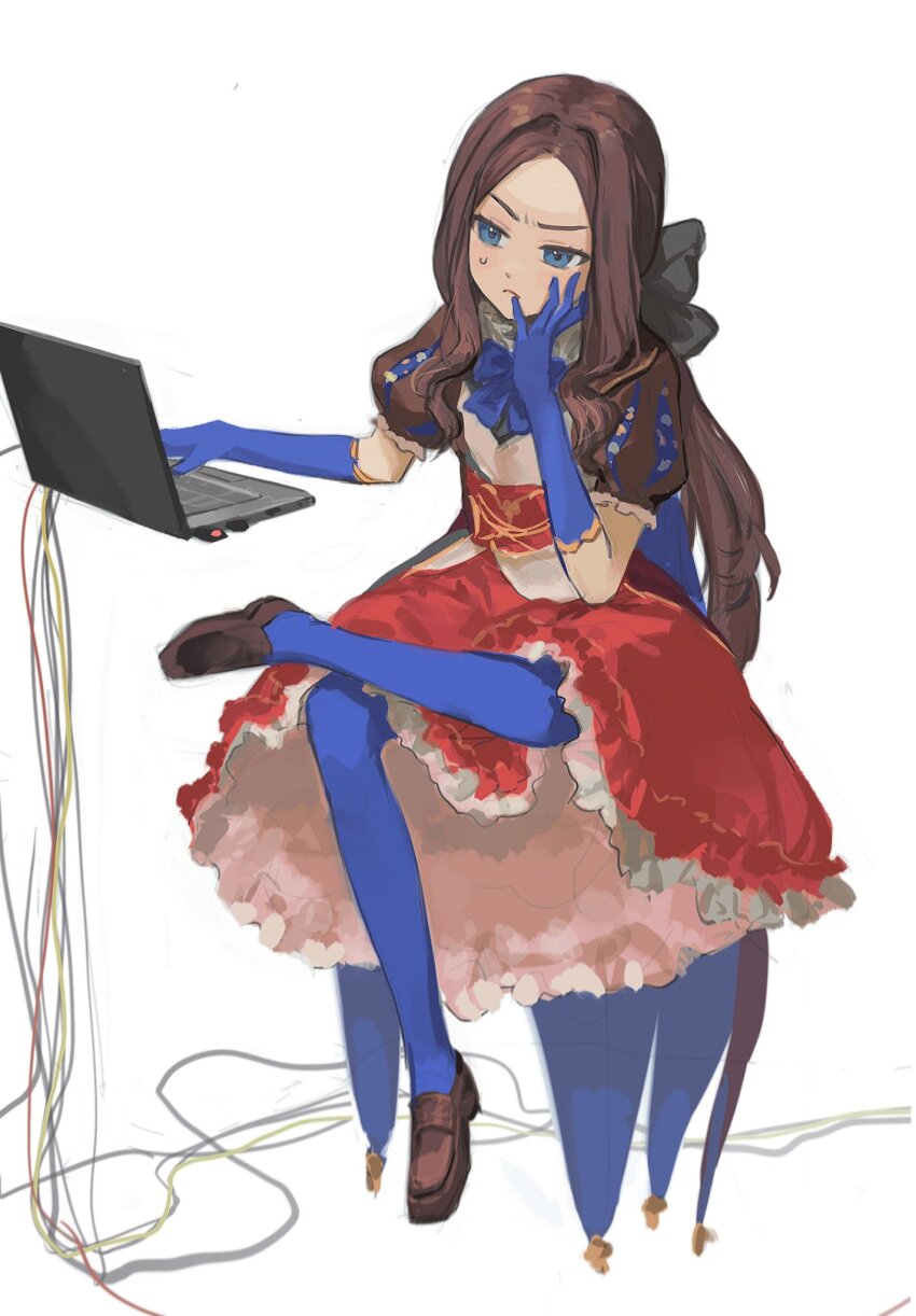 1girl blue_eyes blue_pantyhose brown_hair cable cherroppi computer crossed_legs dress fate/grand_order fate_(series) full_body gloves highres laptop leonardo_da_vinci_(fate) leonardo_da_vinci_(fate/grand_order) leonardo_da_vinci_(rider)_(fate) long_hair pantyhose parted_bangs sitting solo