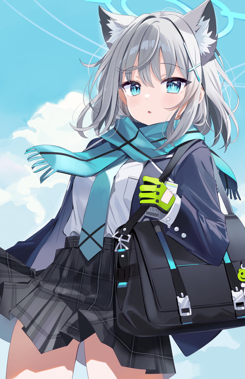 1girl :o absurdres animal_ear_fluff animal_ears aqua_halo aqua_necktie aqua_scarf arm_at_side bag bag_charm black_bag black_gloves blazer blue_archive blue_eyes blue_jacket blue_sky breast_pocket bright_pupils charm_(object) chocola_vt cloud cloudy_sky cross cross_hair_ornament floating_clothes floating_hair from_below gloves green_gloves grey_hair grey_skirt hair_intakes hair_ornament halo highres id_card inverted_cross jacket looking_at_viewer medium_hair mismatched_pupils necktie open_clothes open_jacket open_mouth plaid_clothes plaid_skirt pleated_skirt pocket scarf shiroko_(blue_archive) shirt shirt_tucked_in shoulder_bag sidelocks skirt sky slit_pupils solo two-tone_gloves white_pupils white_shirt wolf_ears