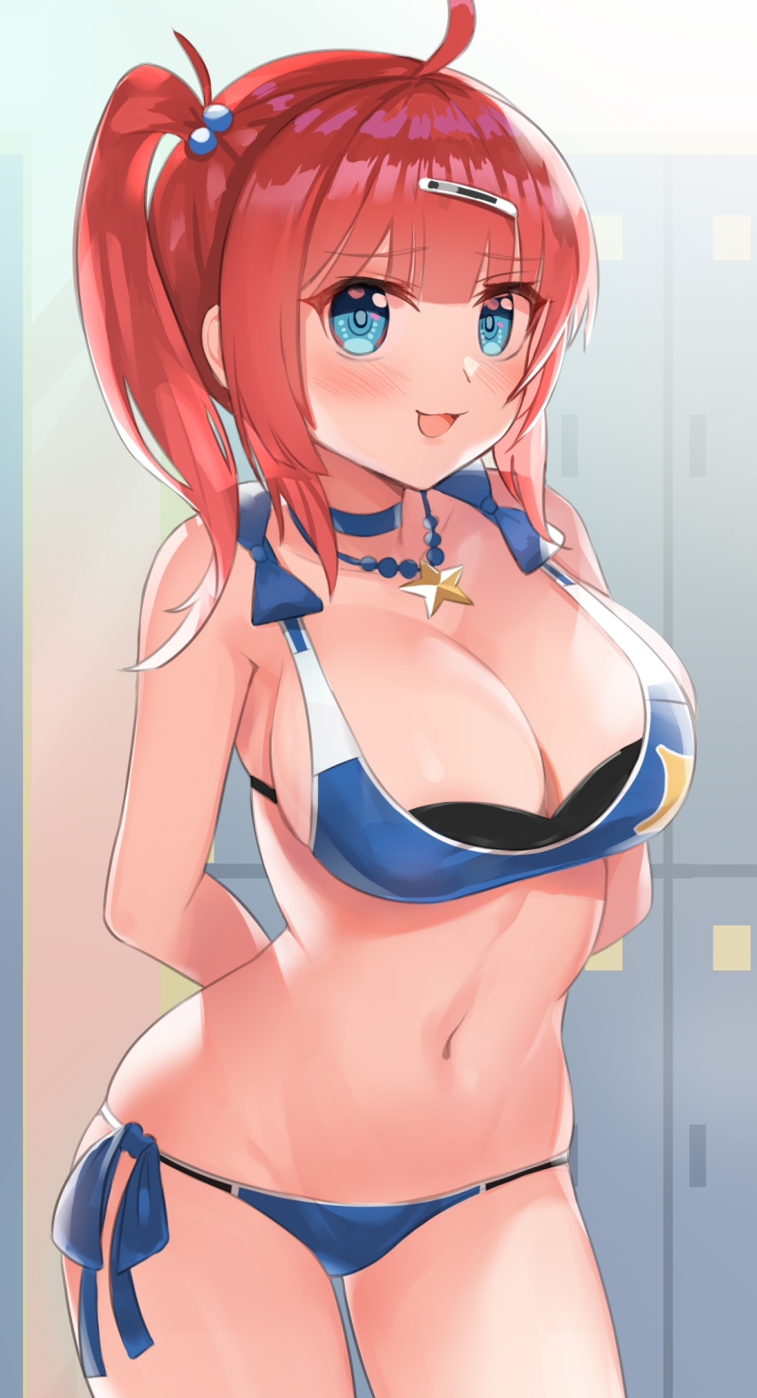 1girl :3 ahoge alternate_costume arms_behind_back azur_lane bare_shoulders bikini blue_bikini blue_choker blue_eyes blush breasts choker cleavage commentary_request cowboy_shot hair_ornament hairball hairclip highres indoors kyuuri_no_tsukemono large_breasts layered_bikini locker locker_room looking_at_viewer navel one_side_up open_mouth red_hair san_diego_(azur_lane) side-tie_bikini_bottom solo star_(symbol) star_print stomach swimsuit thighs