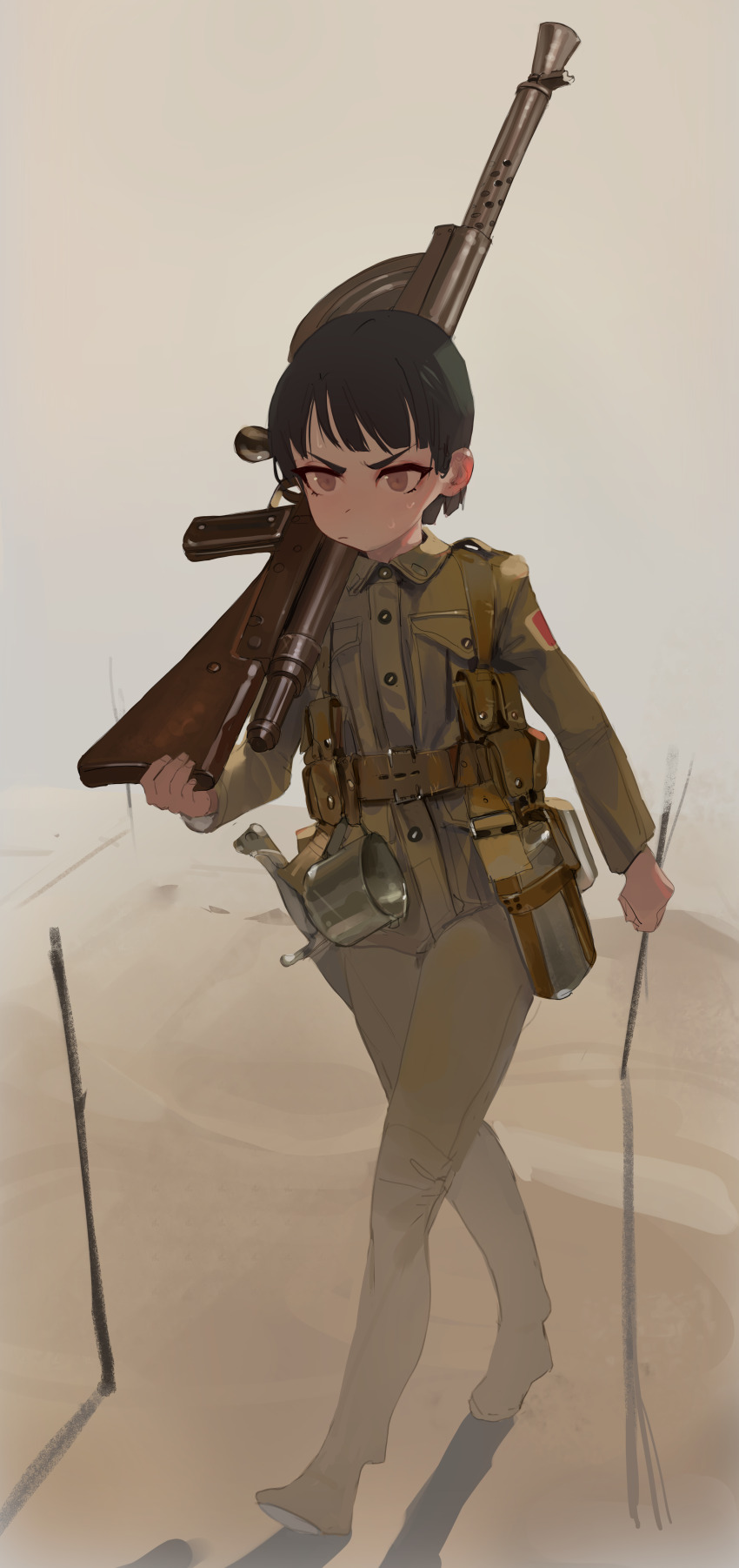 1girl absurdres buttons chauchat collared_shirt furrowed_brow gun highres long_sleeves military military_uniform original polilla pout sand shirt short_hair solo v-shaped_eyebrows walking weapon