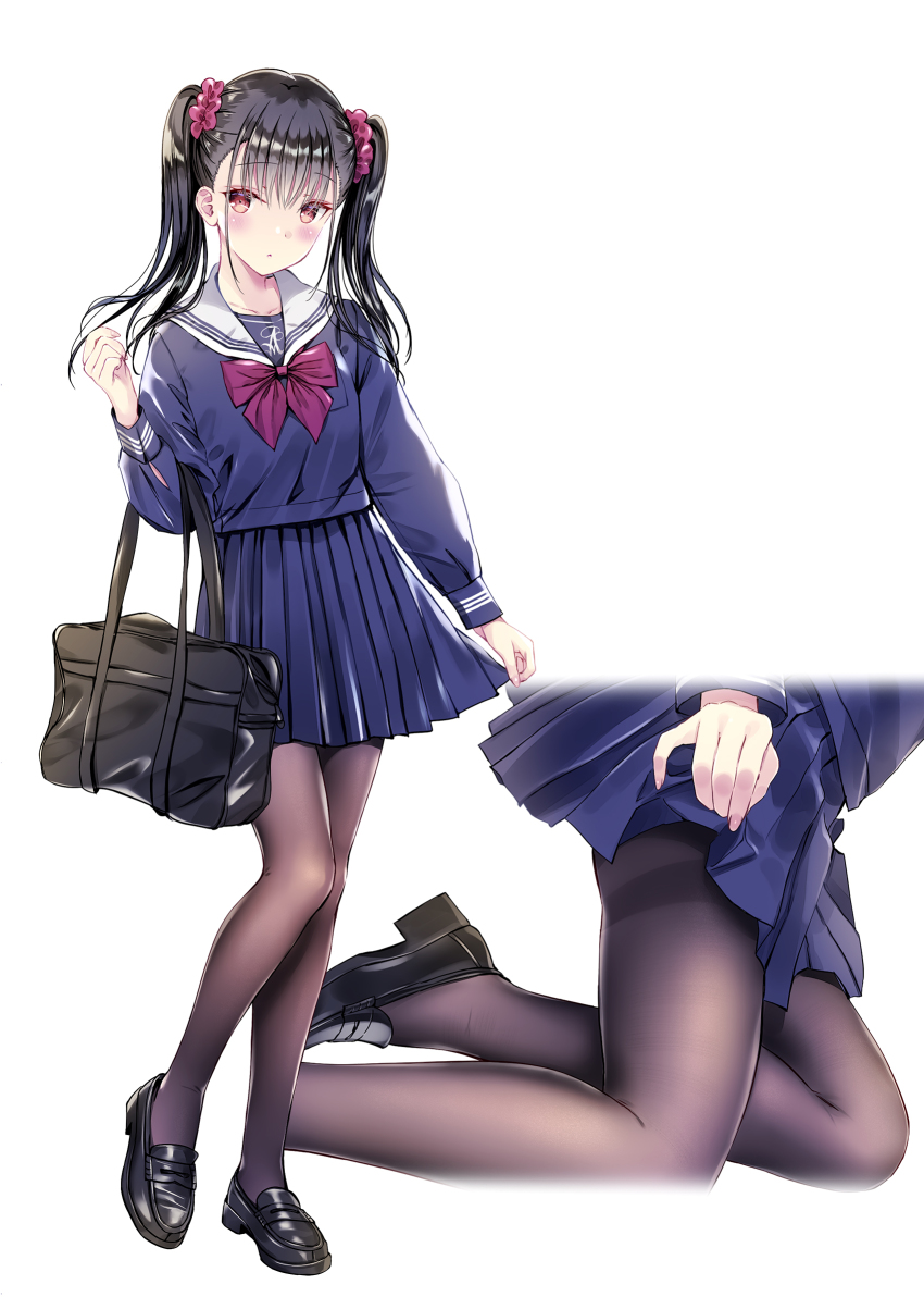 1girl bad_id bad_pixiv_id bag black_footwear black_hair blush bow brown_pantyhose closed_mouth clothes_lift commentary_request cropped_torso full_body hair_ornament hair_scrunchie highres kneeling kobayashi_chisato lifting_own_clothes loafers long_hair long_sleeves looking_at_viewer multiple_views original pantyhose pleated_skirt purple_bow purple_shirt purple_skirt red_eyes revision sailor_collar school_bag school_uniform scrunchie serafuku shirt shoes simple_background skirt skirt_lift standing thighband_pantyhose twintails white_background white_sailor_collar