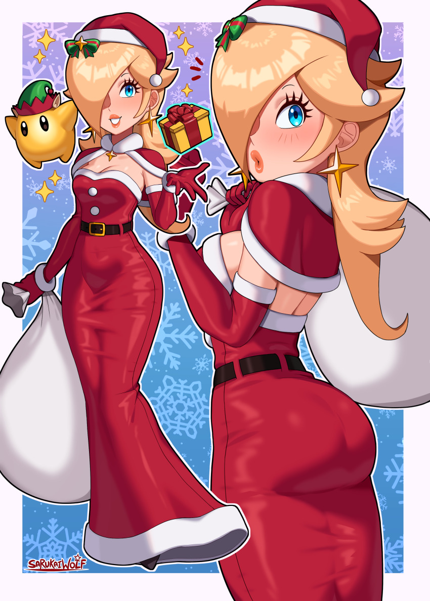 1girl absurdres ass belt black_belt blonde_hair blue_eyes capelet christmas dress earrings gift gloves hair_over_one_eye hat highres holding holding_sack jewelry long_hair luma_(mario) mario_(series) multiple_views nintendo red_capelet red_hat rosalina sack santa_hat sarukaiwolf star_(symbol) star_earrings strapless strapless_dress tight_clothes tight_dress