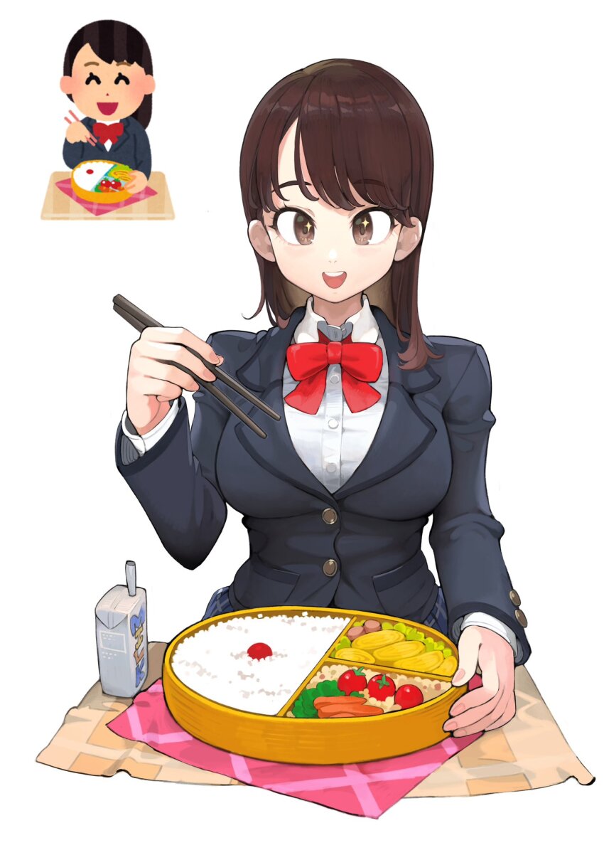 1girl bento black_jacket blazer bow bowtie breasts brown_hair cherry_tomato chopsticks collared_shirt dress_shirt drinking_straw eating food hashtag-only_commentary highres holding holding_chopsticks irasutoya irasutoya_challenge jacket jun_(navigavi) large_breasts lettuce long_hair long_sleeves looking_at_viewer milk_carton omelet open_mouth original red_bow red_bowtie reference_inset rice sausage school_uniform shirt simple_background smile sparkling_eyes swept_bangs tamagoyaki teeth tomato upper_teeth_only white_background white_shirt