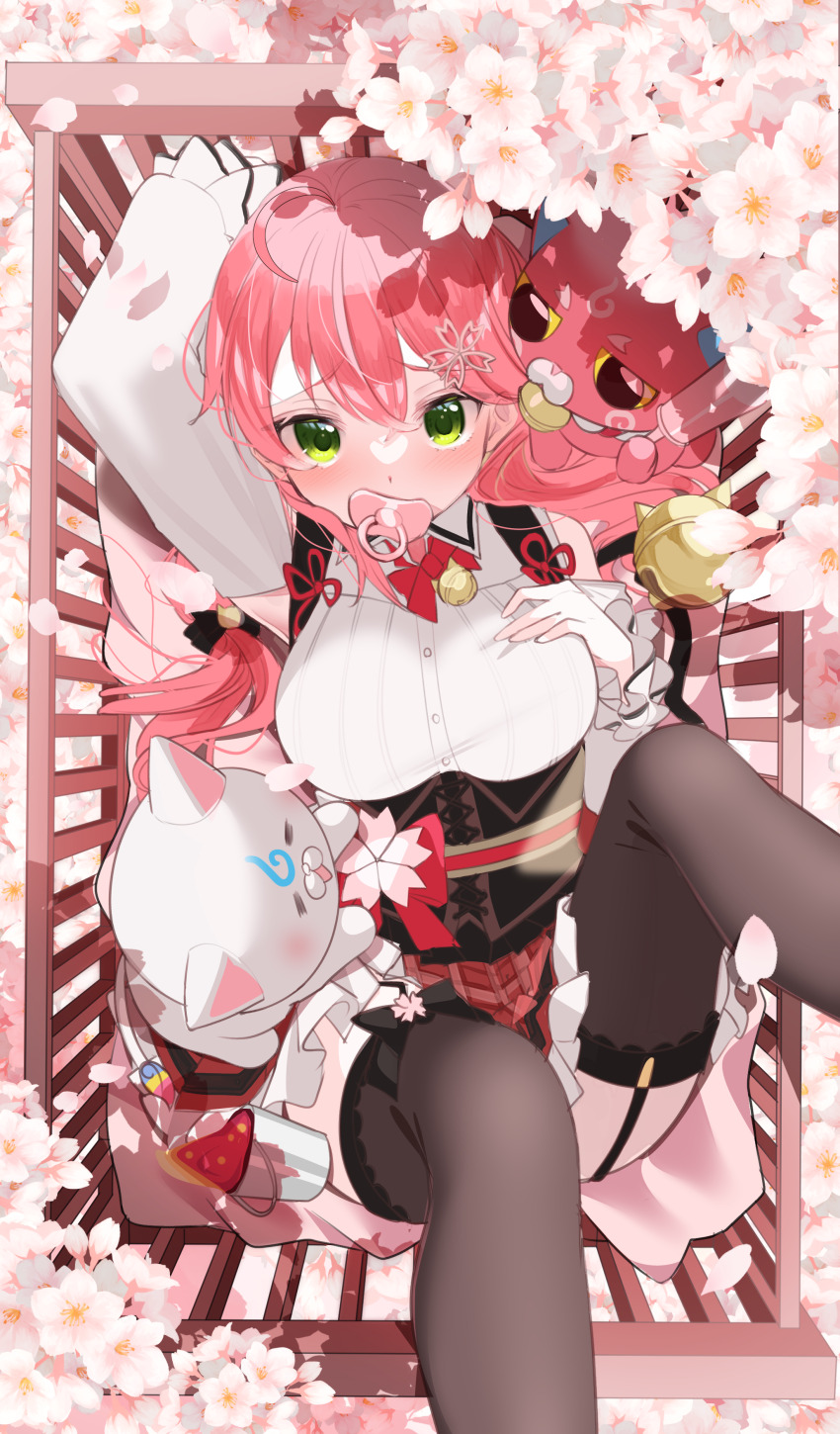 1girl 35p_(sakura_miko) absurdres bell breasts cherry_blossoms crib detached_sleeves frills garter_straps green_eyes hand_on_own_chest highres hololive isuka jingle_bell kintoki_(sakura_miko) large_breasts long_sleeves looking_at_viewer pacifier pink_hair sakura_miko solo thighhighs virtual_youtuber