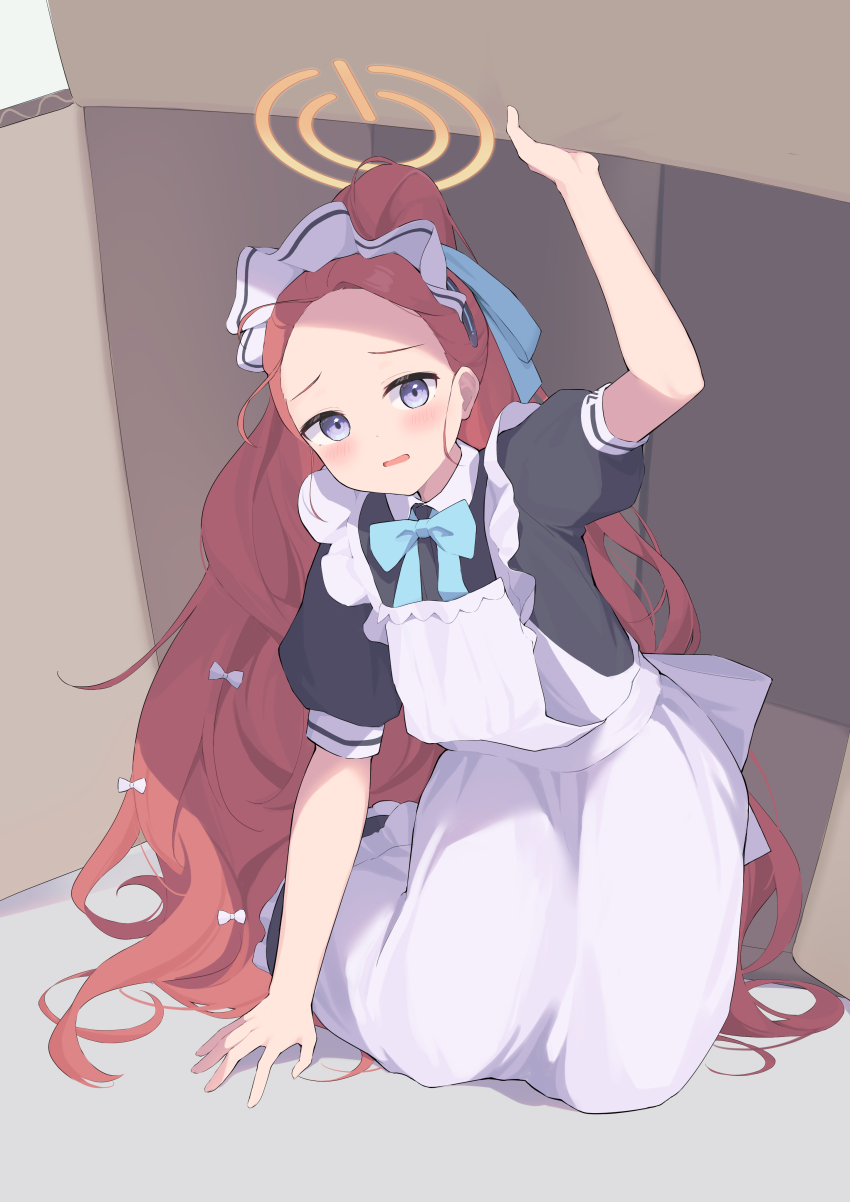 1girl absurdres apron arm_up black_shirt blue_archive blue_bow blue_bowtie blue_ribbon blush bow bowtie box cardboard_box commentary_request forehead full_body furrowed_brow grey_eyes hair_bow hair_ribbon halo highres hotarihotaru kneeling long_hair looking_at_viewer maid maid_apron maid_headdress official_alternate_costume official_alternate_hairstyle open_mouth orange_halo parted_bangs ponytail puffy_short_sleeves puffy_sleeves red_hair ribbon shirt short_sleeves shy solo very_long_hair white_apron white_bow yuzu_(blue_archive) yuzu_(maid)_(blue_archive)