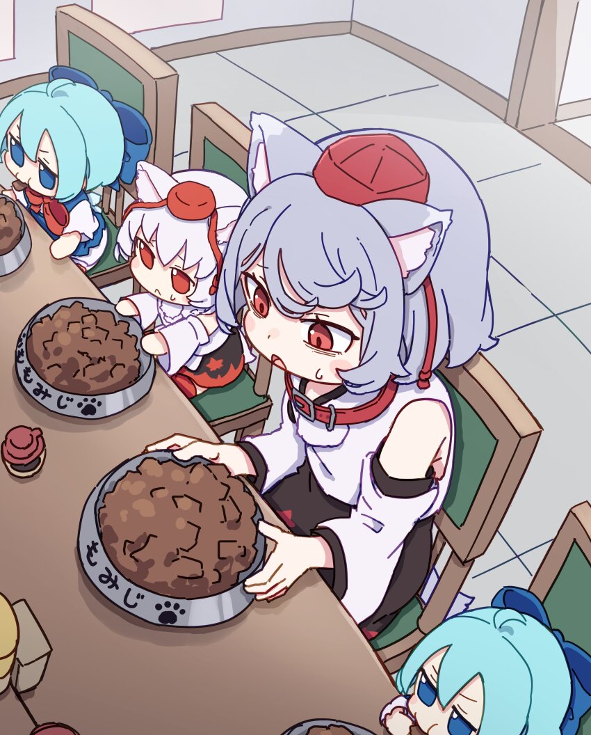 4girls absurdres animal_ear_fluff animal_ears bare_shoulders blue_bow blue_eyes blue_hair blush_stickers bow bowl bowtie brown_skirt cirno collar detached_sleeves eating fumo_(doll) grey_hair hair_bow hat highres inubashiri_momiji kame_(kamepan44231) multiple_girls on_chair open_mouth pet_bowl pet_food red_bow red_bowtie red_collar red_eyes red_footwear red_hat shirt short_hair short_sleeves sitting skirt sleeveless sleeveless_shirt sweatdrop tokin_hat touhou white_shirt white_sleeves wolf_ears wolf_girl