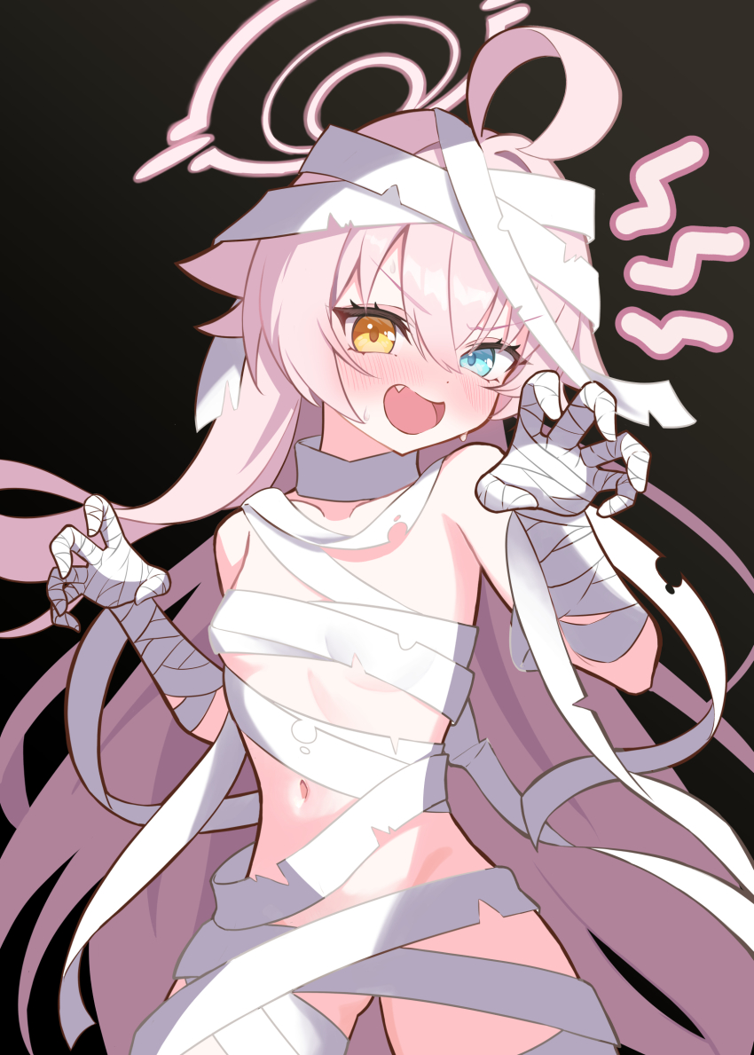 1girl absurdres ahoge bandaged_arm bandaged_chest bandaged_hand bandaged_head bandages blue_archive blue_eyes halo heterochromia highres hoshino_(blue_archive) long_hair mummy_costume noten_(notententen) pink_hair pink_halo very_long_hair