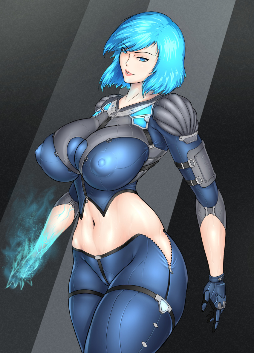 1girl absurdres black_background blue_eyes blue_hair breasts covered_erect_nipples highres huge_filesize large_breasts latex looking_at_viewer lurikyarei nyx_(quake) quake quake_champions self-upload solo standing sweat wide_hips