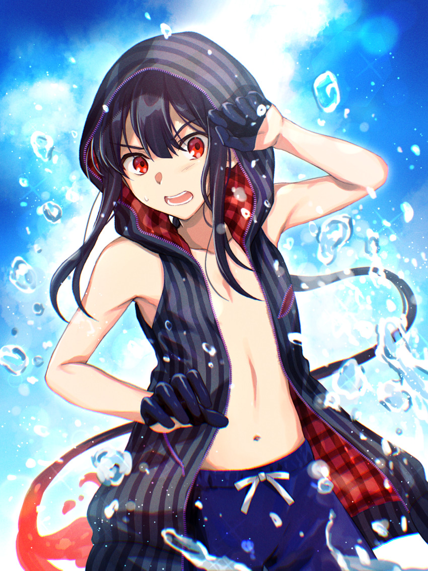 1boy annoyed arm_up armpit_crease armpit_peek black_gloves black_hair black_hood black_hoodie blue_sky blue_swim_trunks blush bow bowtie breast_pocket cloud collarbone cowboy_shot fate/grand_order fate_(series) floating_hair gloves hair_between_eyes half_gloves hands_up highres hood hood_up hoodie lens_flare light_particles long_hair looking_at_viewer male_focus navel ocean oda_nobukatsu_(fate) open_mouth outdoors partially_submerged plaid_clothes pocket ponytail red_eyes red_lining sidelocks sky sleeveless sleeveless_hoodie small_sweatdrop solo sparkle splashing stomach striped_clothes striped_hood striped_hoodie swimsuit t_kattu turning_head v-shaped_eyebrows very_long_hair water_drop white_bow white_bowtie zipper zipper_pull_tab