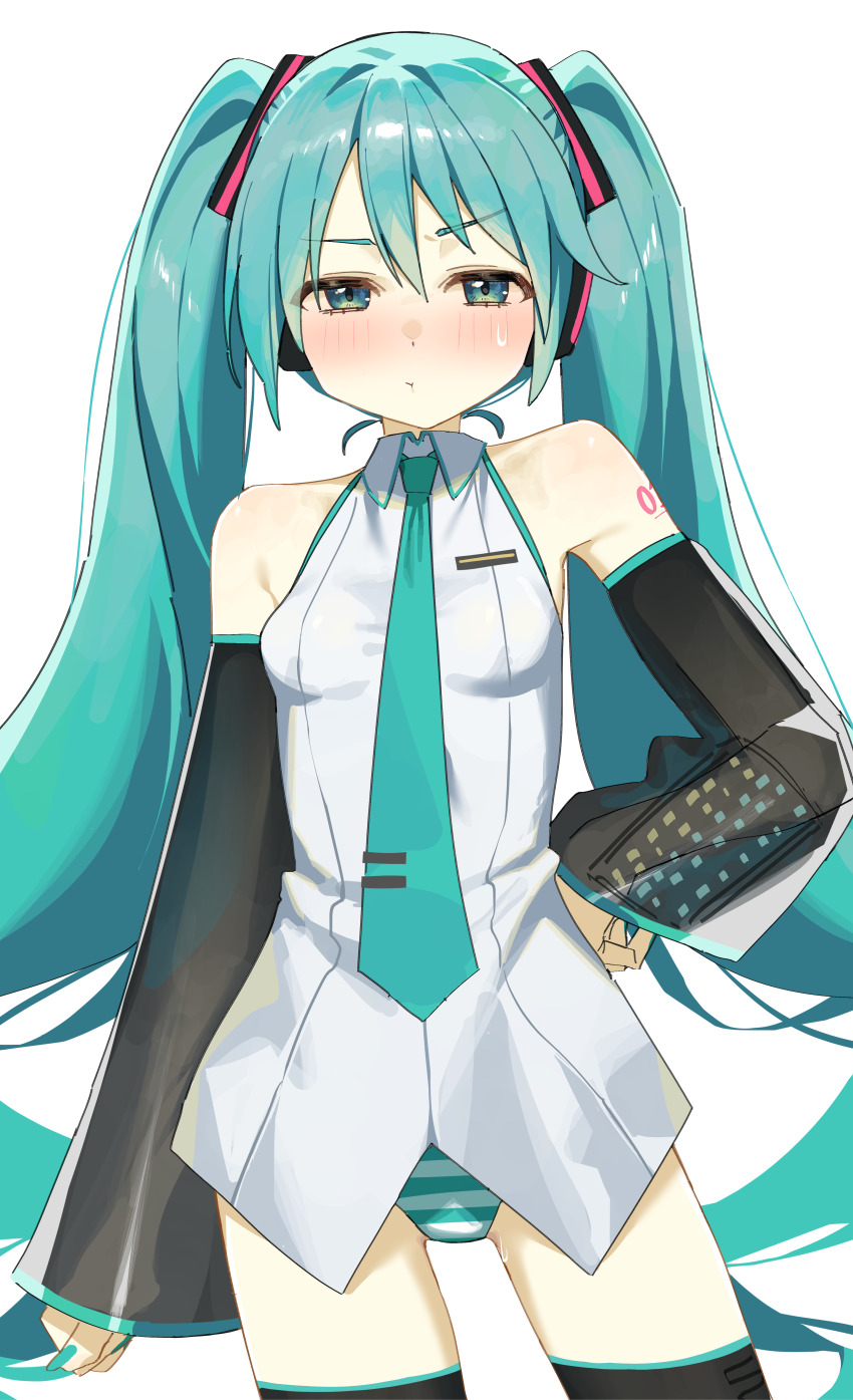 1girl absurdres aqua_eyes aqua_hair aqua_nails aqua_necktie bare_shoulders black_sleeves black_thighhighs blush breasts closed_mouth cowboy_shot detached_sleeves hair_between_eyes hand_on_own_hip hatsune_miku headphones highres long_hair long_sleeves looking_at_viewer necktie no_pants panties pout shirt simple_background sleeveless sleeveless_shirt sleeves_past_wrists small_breasts solo striped_clothes striped_panties sweatdrop syhan thighhighs twintails underwear very_long_hair vocaloid white_background white_shirt