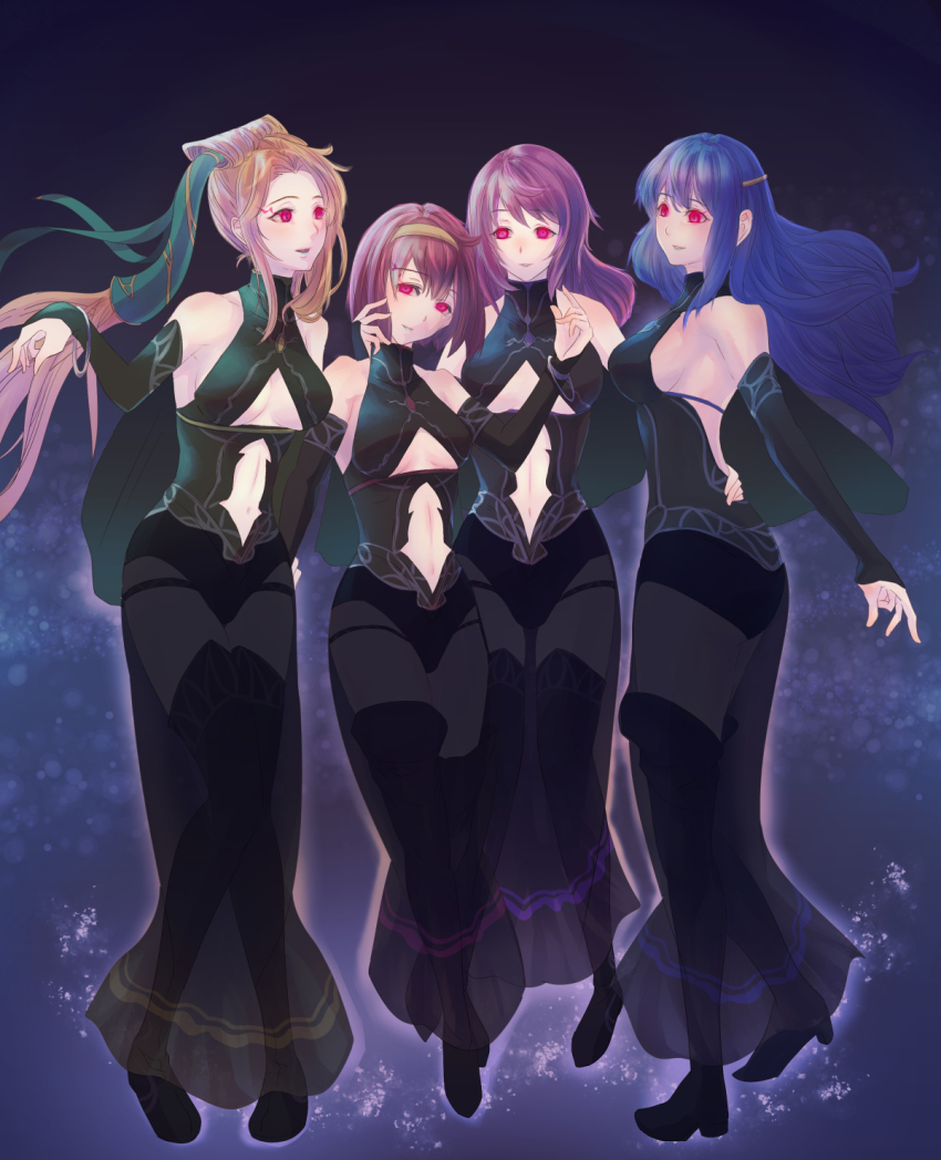 bare_shoulders blonde_hair blue_hair boots breasts corruption dress elice_(fire_emblem) female_focus fingerless_gloves fire_emblem fire_emblem:_mystery_of_the_emblem gloves glowing glowing_eyes happy_trance highres large_breasts lena_(fire_emblem) long_hair maria_(fire_emblem) navel nintendo nyna_(fire_emblem) opera_gloves pooh920 red_eyes red_hair riou_(pooh920) see-through_clothes short_hair sideboob smile thigh_boots underboob